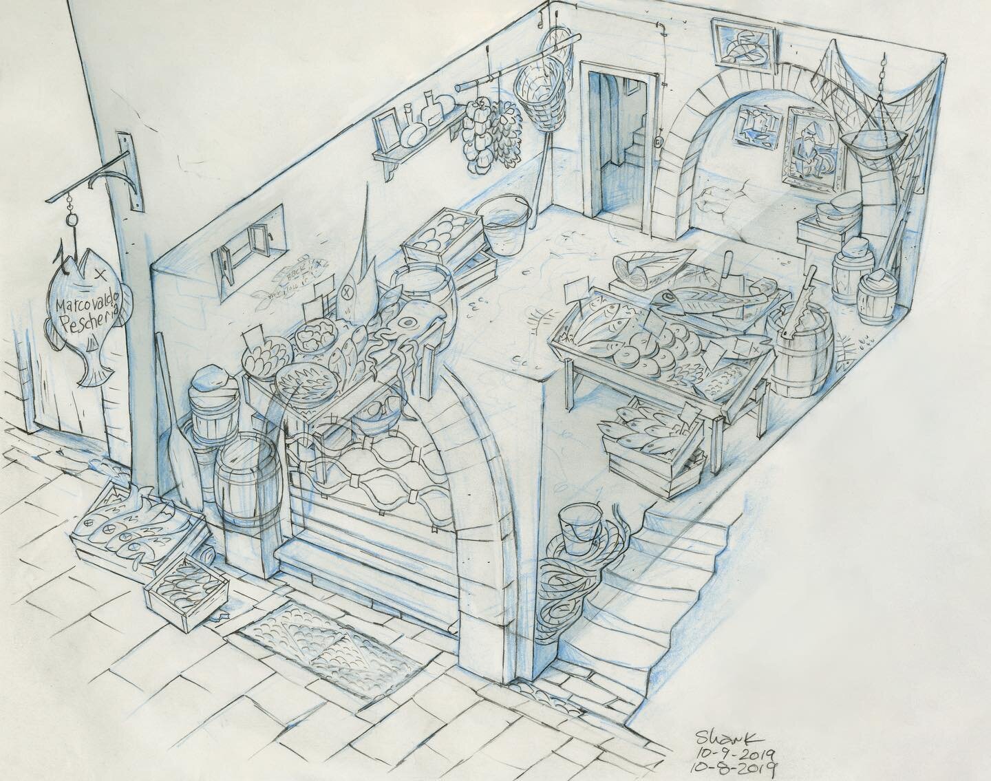 Pescheria Marcovaldo. This one is a heartbreaker. There was a long period of time where scenes took place in here. But in the final movie the doors aren't even open. This is one of my favorite drawings from my time on Luca but it wasn't meant to be. 