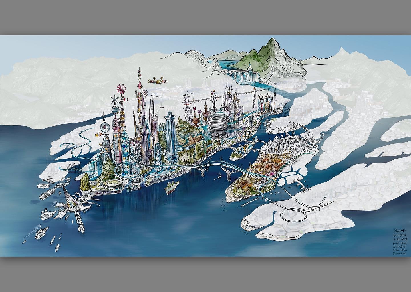 Element City
This drawing was to help find the level of caricature to the scale of the buildings. It was done over a flexible model that Philip Metschan built of our city using real world scale. The buildings and features of my drawing is too big and