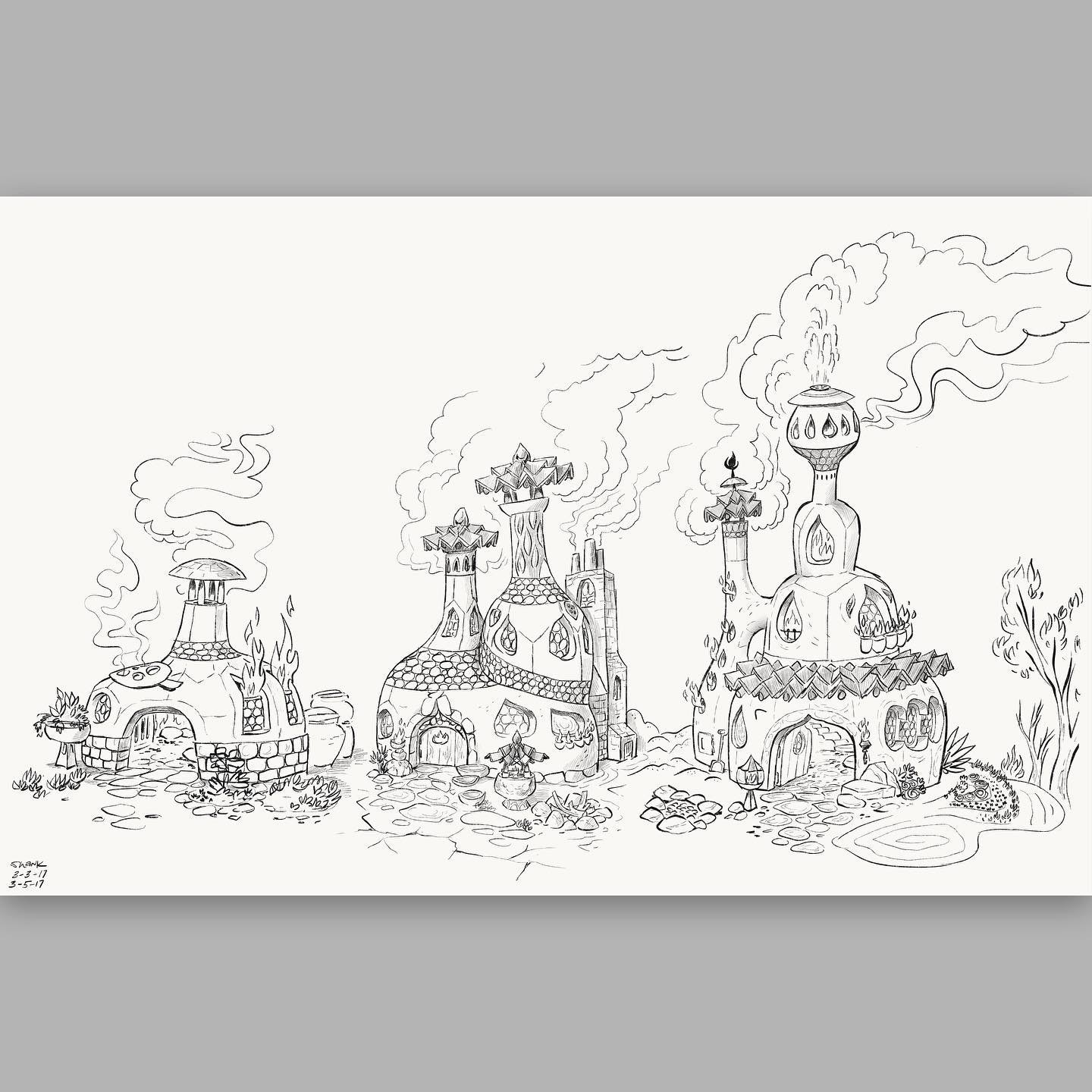 One of my earliest drawings, a lineup of Fireland homes that was the culmination of a series of sketches that followed how fire characters would build shelter. I started with a &ldquo;cave-fire-person&rdquo; and worked up to this. The director @petes