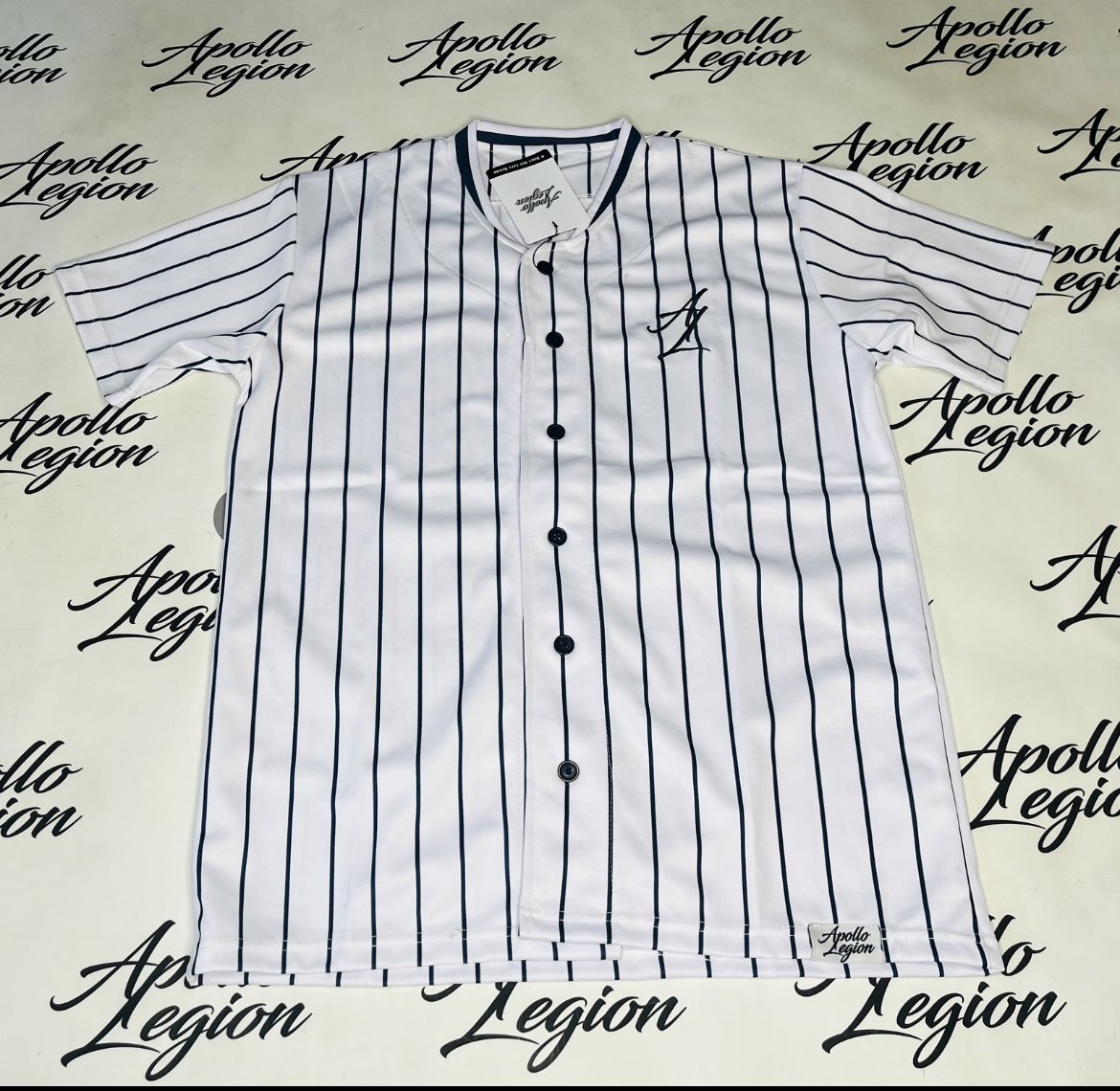 White w: Navy Blue Pin Stripe Button-Down Baseball Jersey (Front).jpeg