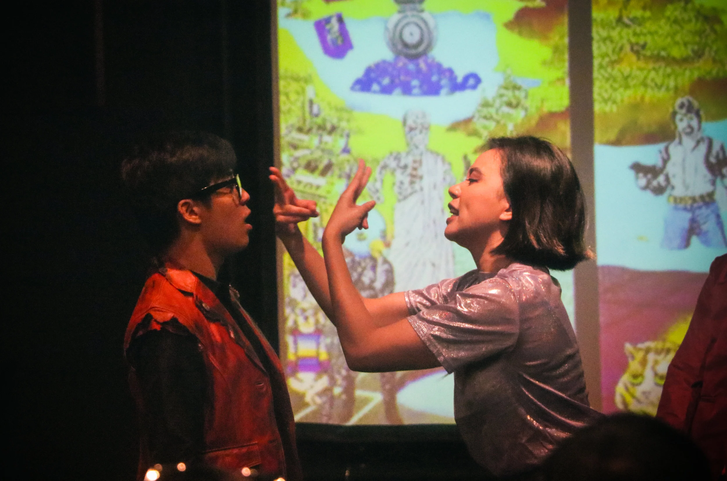 Performance by Patch and Punnet in the Garden of Internet Delights, against a backdrop of projections by Zxerokool and Ravi Manthovani.