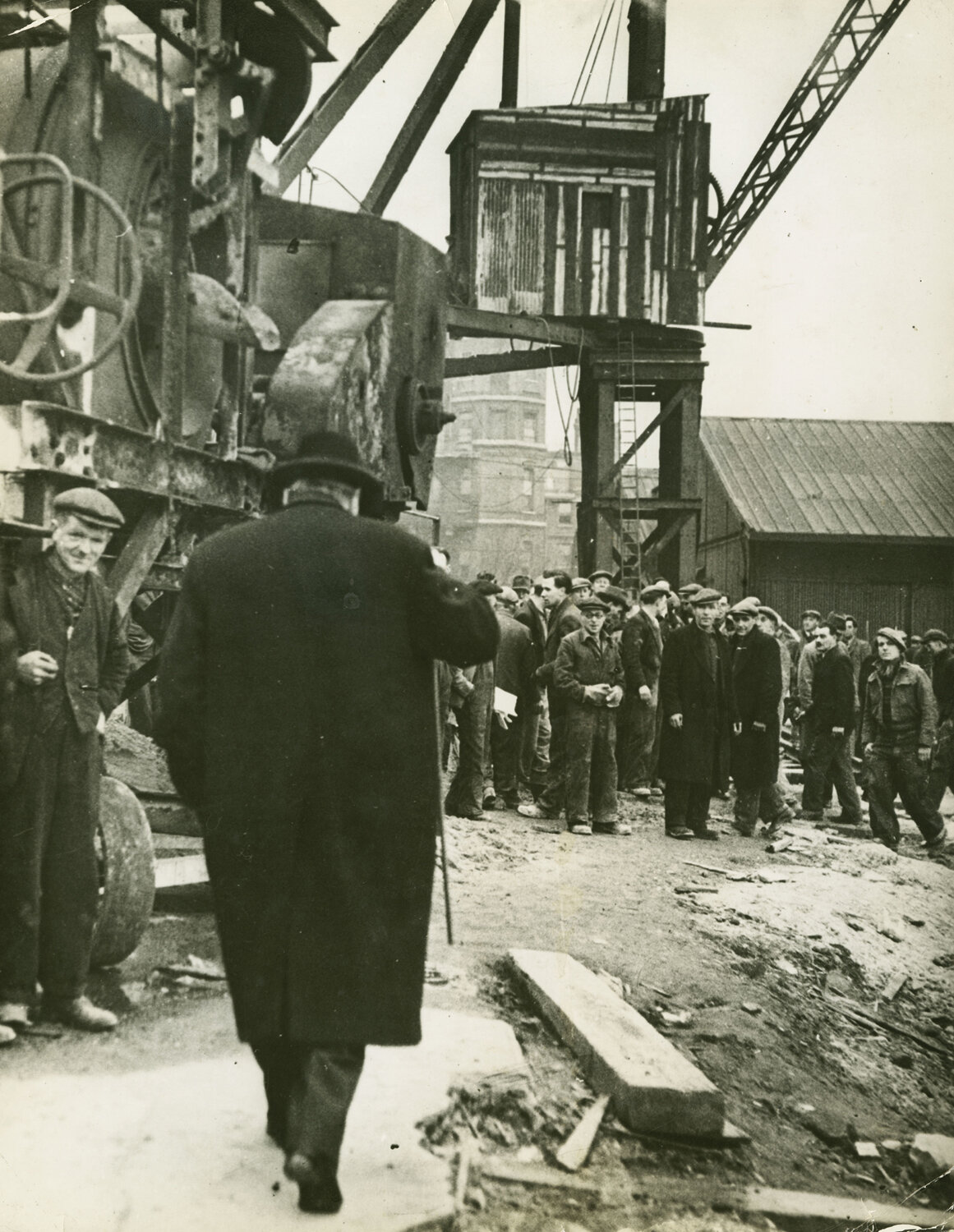 Churchill visits some of the thousands of workers at East India Dock, 1944
