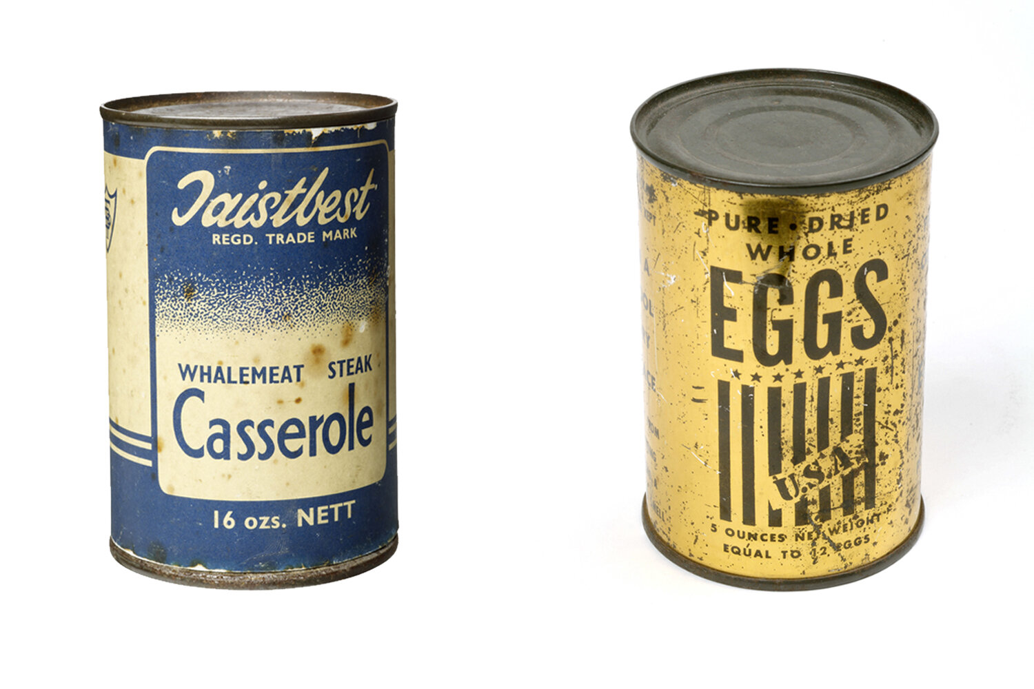 Tin of whalemeat steak and a tin of dried eggs