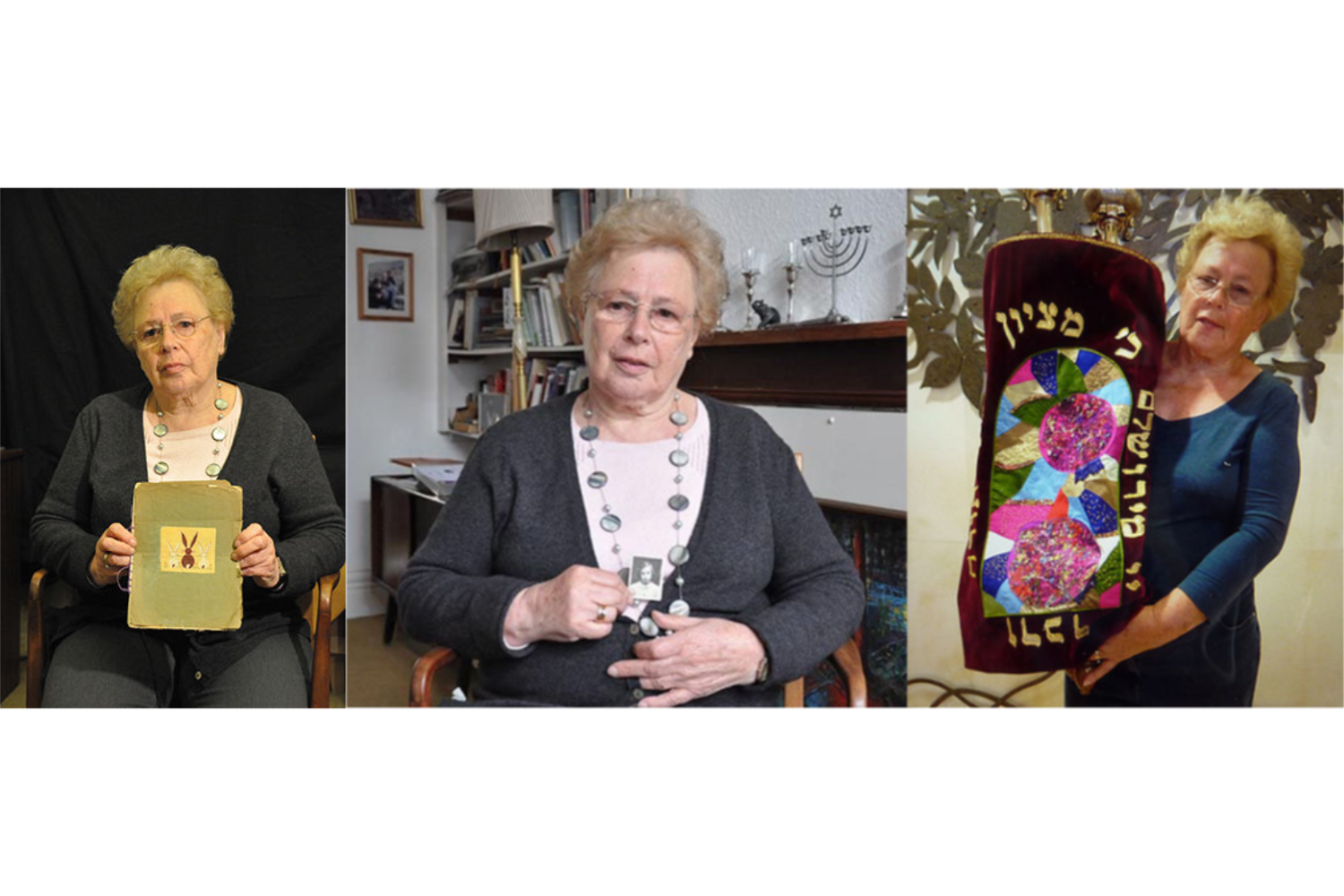 Eva Mendelsson holding Sylvia’s poetry book; with a photo of herself as girl; and with the Torah mantle (cover) she made to commemorate Esther and Sylvia