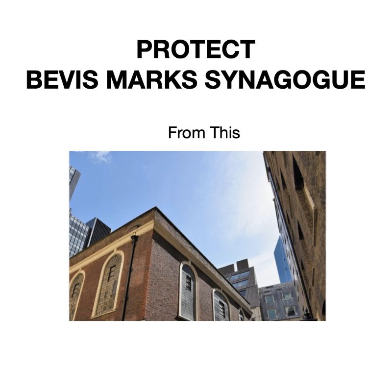 Protect @BevisMarksUK, the 300 year old Grade 1 Listed synagogue. A developer is proposing a 45 floor tower along the shul's southern horizon, which would destroy its setting, community feel &amp; natural light levels beyond usability. 

More info &a