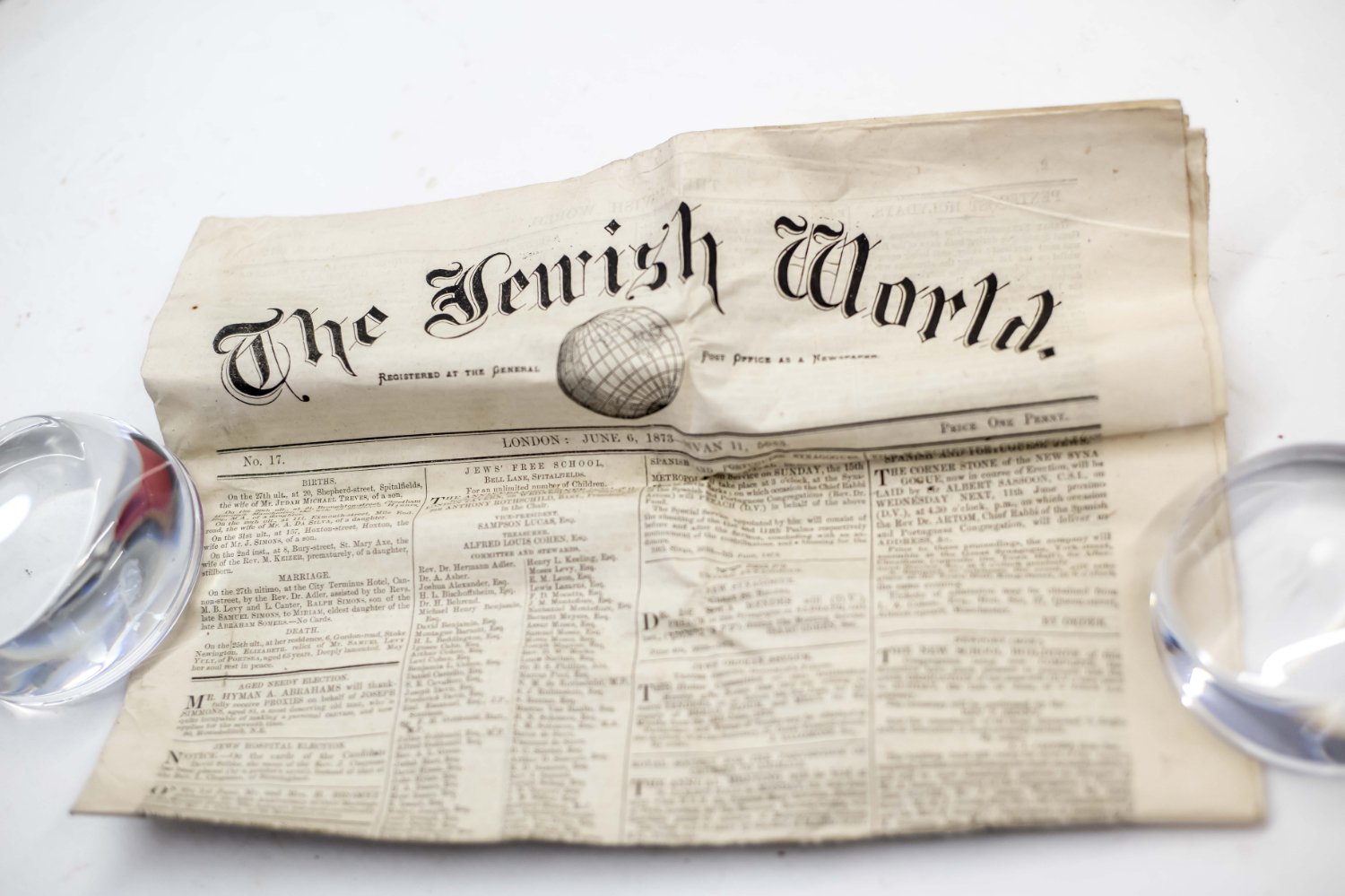 The Jewish World issue from 6.6.1873 found in the time capsule, credit Chris Payne SML.jpg
