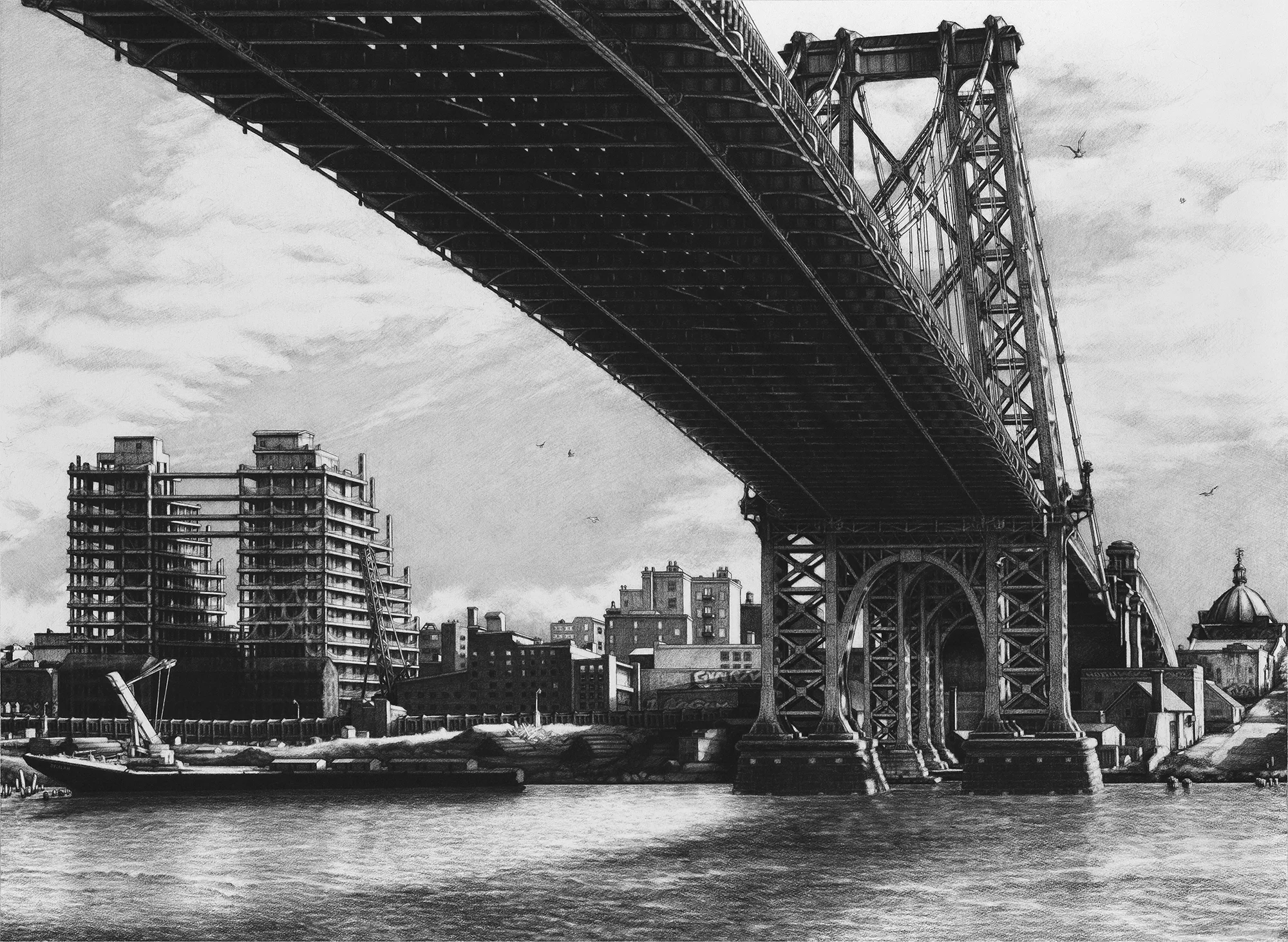 Williamsburg | Charcoal on Paper | 36” X 48” | <a href="https://www.chriswellernyc.com/store/williamsburg">PURCHASE PRINTS</a>