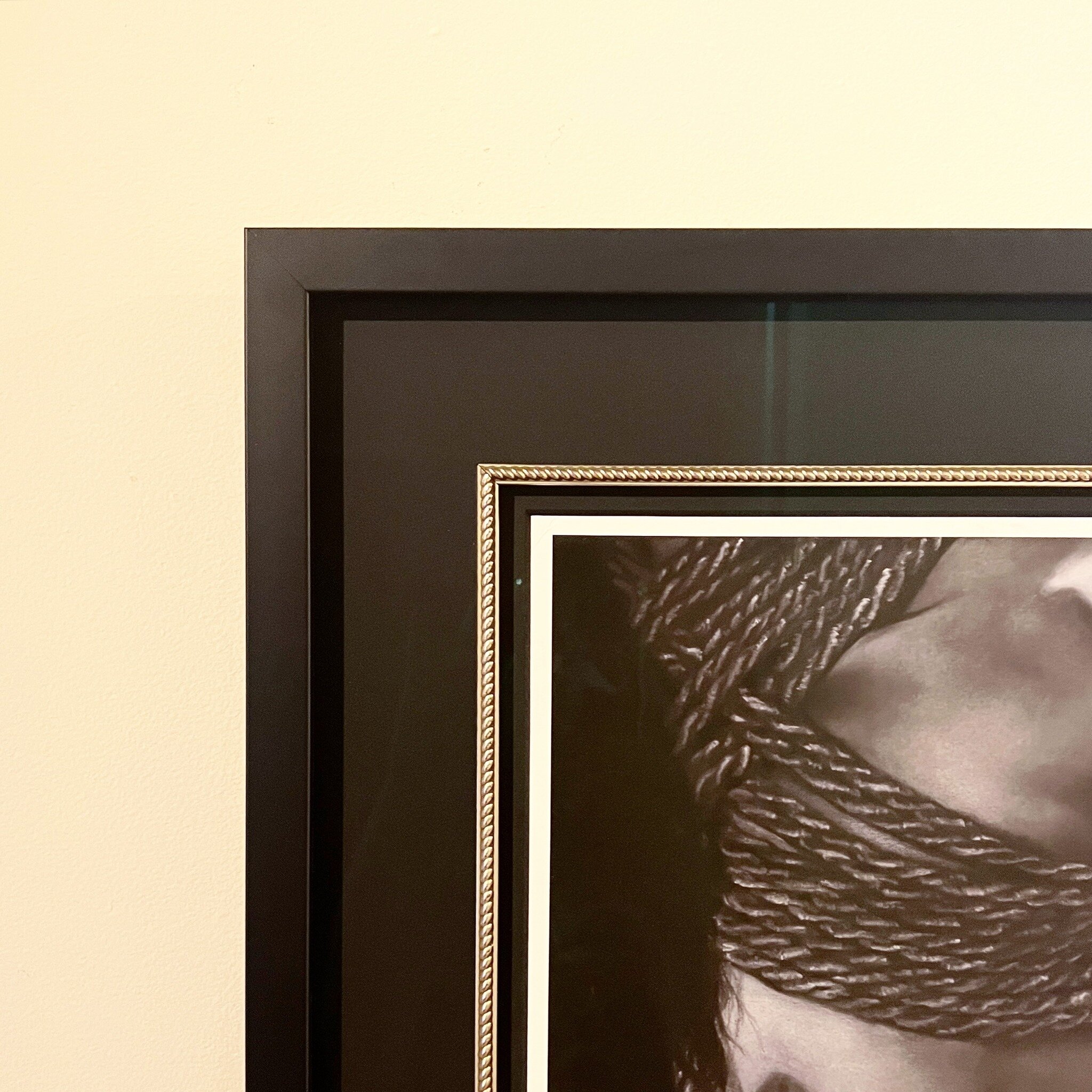 Corner shot of a job we did recently featuring a black frame, black matting, and this silver rope fillet that paired perfectly with the artwork. The framed artwork is @renee.boynton.art&rsquo;s &lsquo;Bound&rsquo;&mdash;Check out her page for a view 