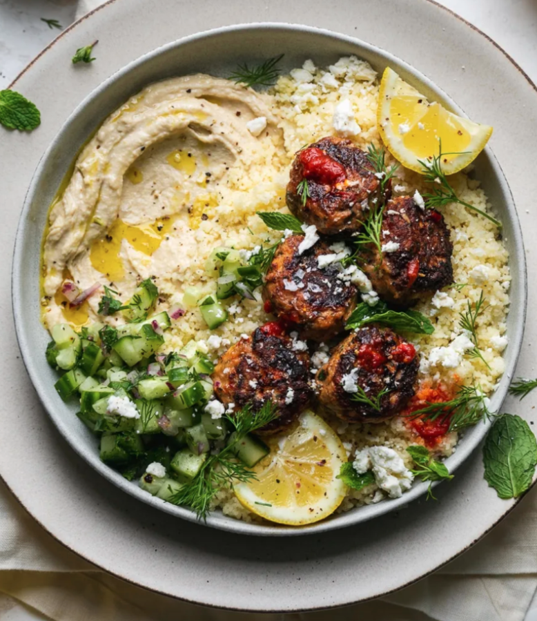 Harissa Chicken Meatballs with Couscous and Cucumber Herb Salad