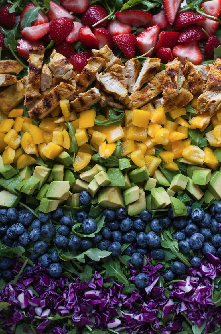 Rainbow Salad with Grilled Chicken and Raspberry Walnut Dressing