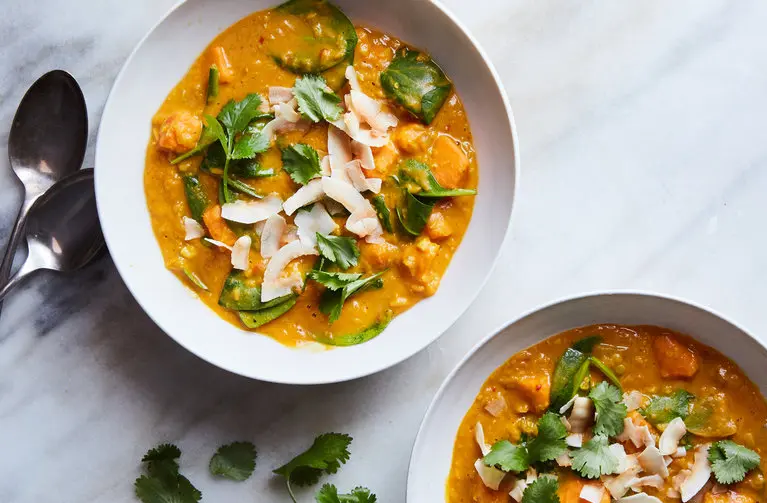 Red Curry Lentils with Sweet Potatoes and Spinach