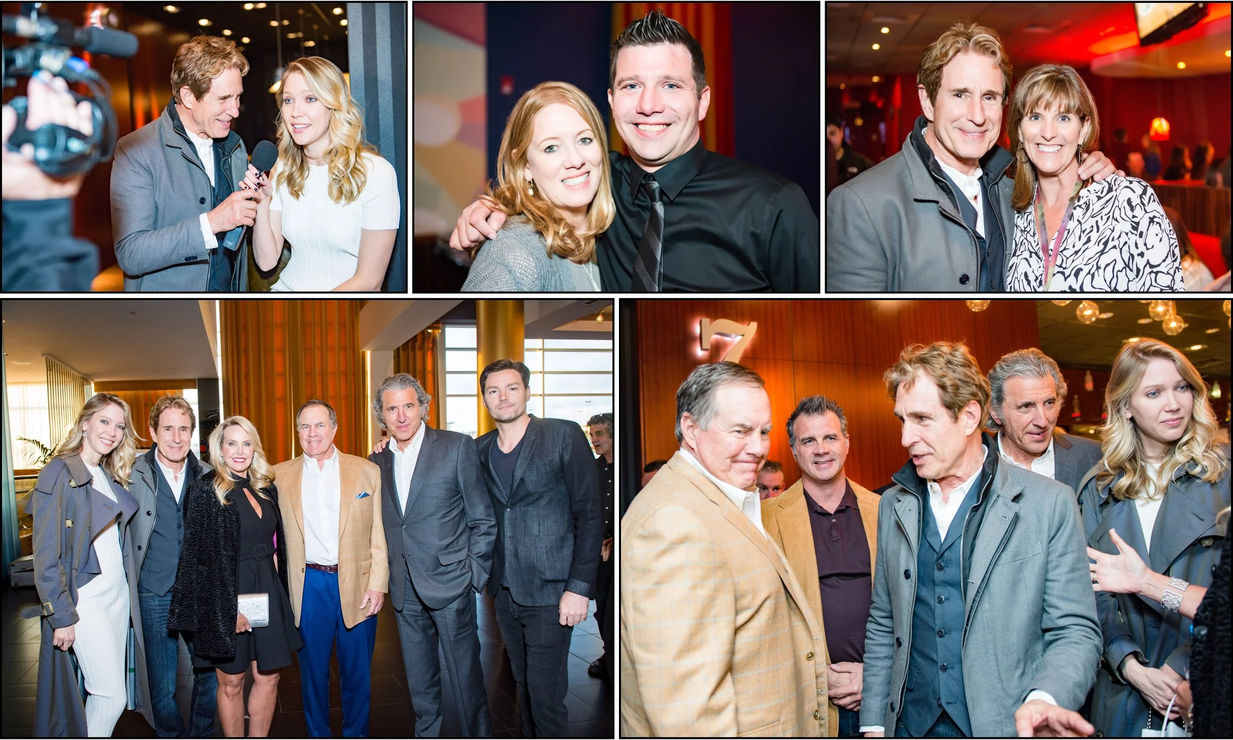 Premiere of movie Grey Lady at Legacy Place, Dedham: top left, Writer/Director John Shea and Actor Carolyn Stotesbery; top center, PR Guru Peggy Rose with Dan Cummings Founder of Journey Forward; top right, John Shea and Maura Wayman; bottom left, Carolyn Stotesbery, John Shea, Linda Holliday and her boyfriend NE Patriots Head Coach Bill Belichick, Producer Armyan Bernstein and actor Chris Meyer; bottom right, Bill Belichick, Actor/Producer Jimmy Cummings, John Shea, Armyan Bernstein & Carolyn Stotesbery.