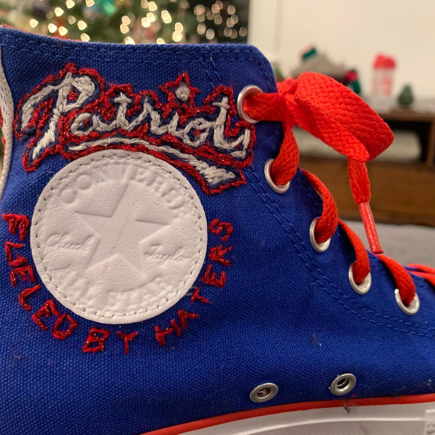 When you just know the perfect gift for your dear Patriots loving friend is a pair of hand embroidered converse sneakers you have to make them #customconverse #embroideredconverse #embroidery #covidhobbies #patriotsfan #newenglandpatriots #newengland