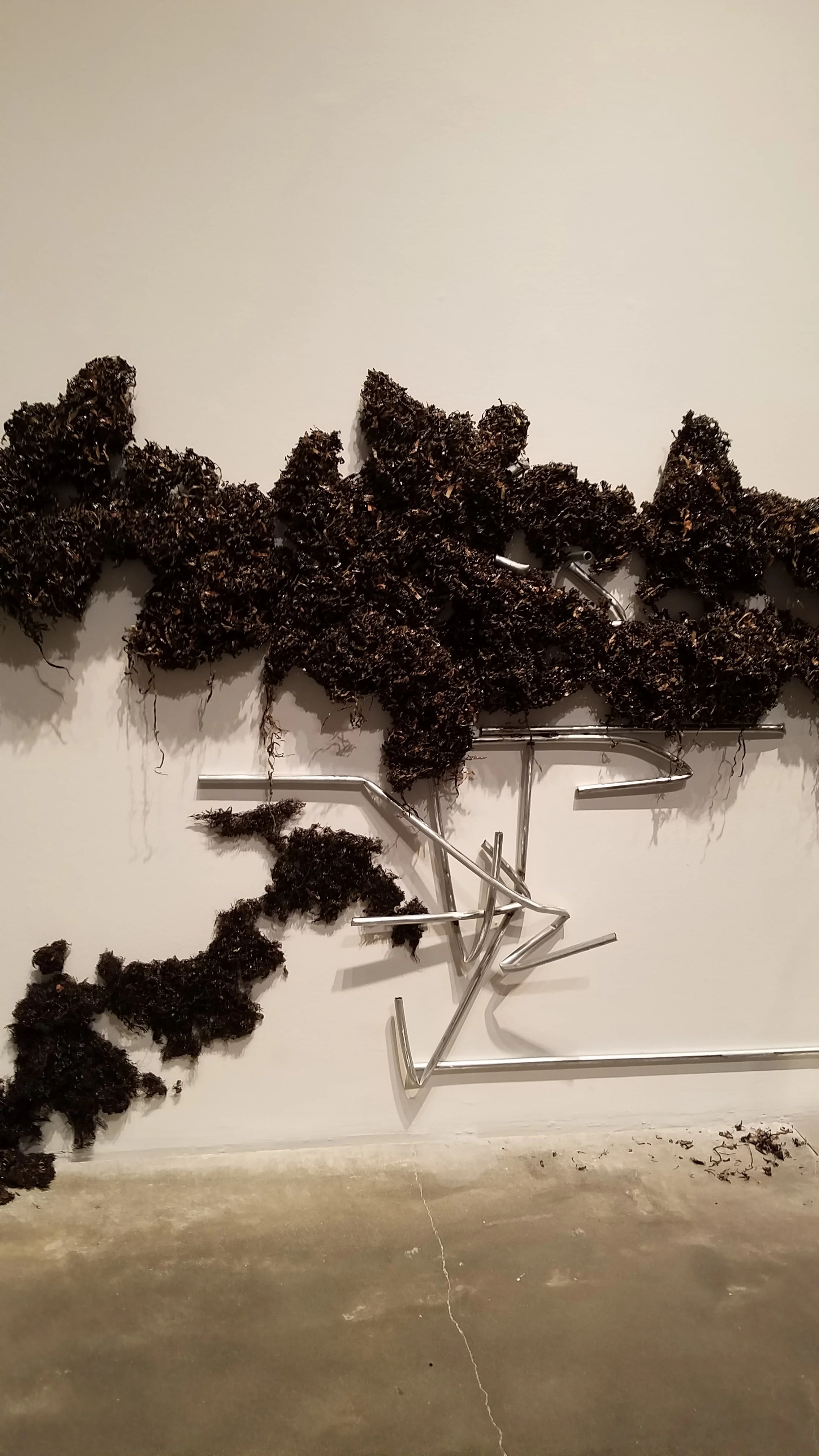 Violet Dennison (b. 1989, Bridgeport, CT), M.O.O.P. , 2018, seagrass collected in the Florida Keys, resin, and electrical metallic tubing conduit, courtesy of the artist