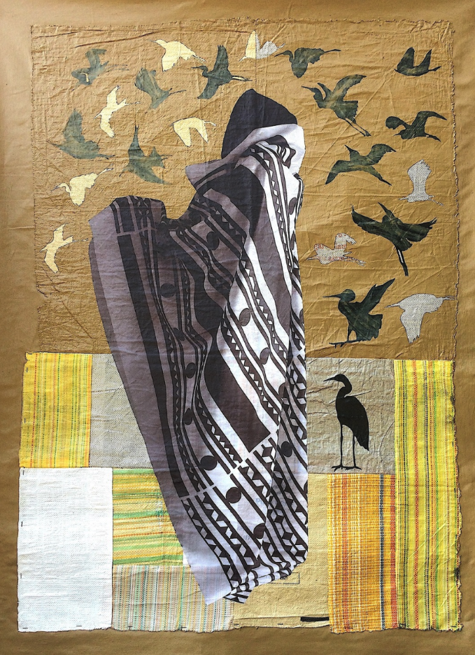 Collin Sekajugo, Calming Down 2021 Photo print, polypropylene and acrylic on canvas 65 × 47 1/5 in