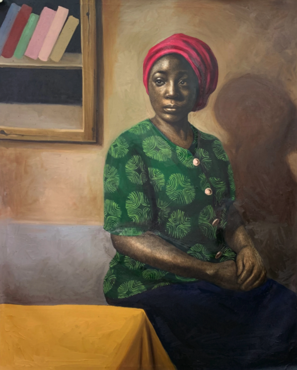 Oliver Okolo, Empty Bottom Shelf and a Red Scarf 2021, mixed media on canvas, 48 x 60 inches