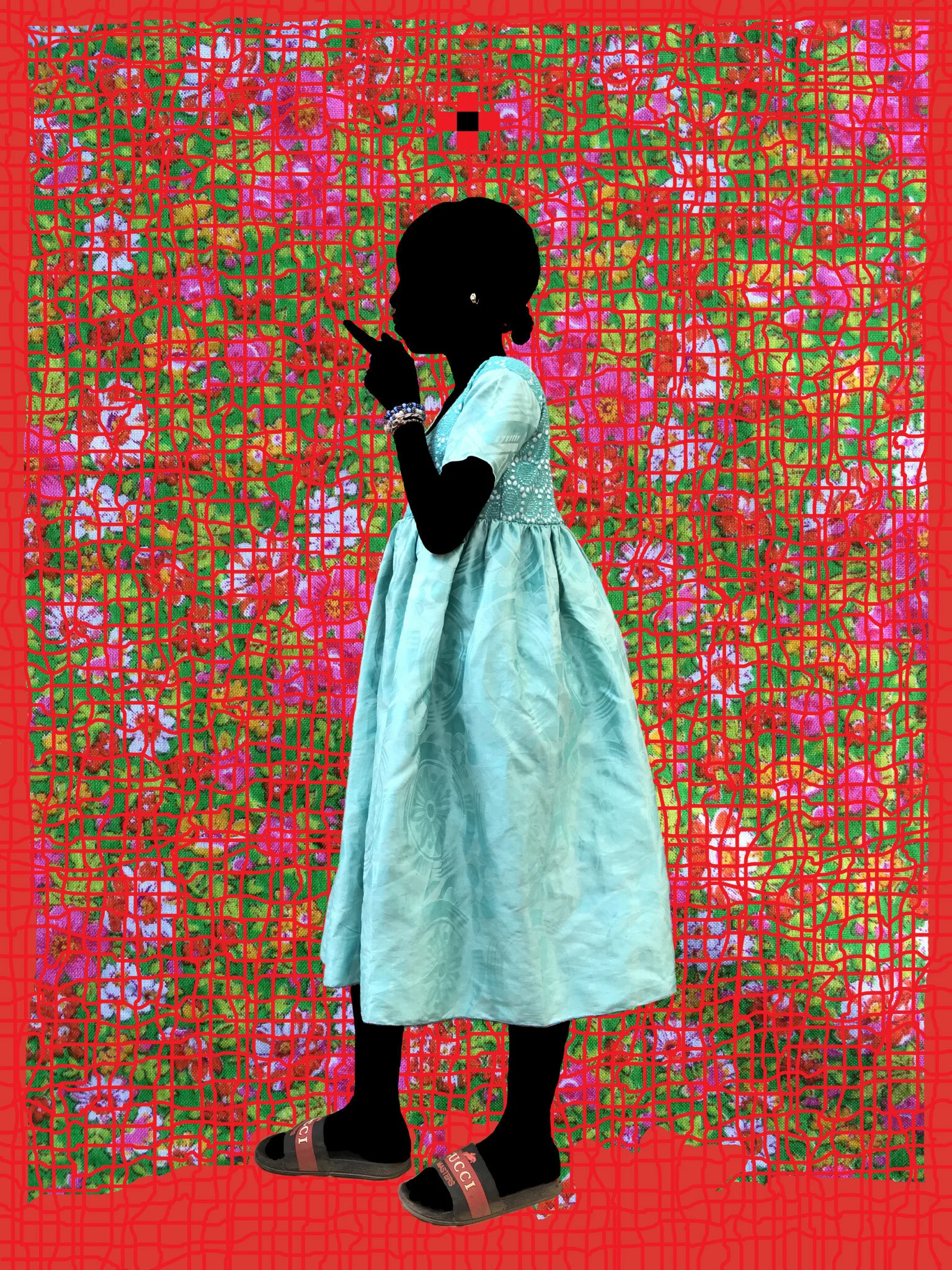 Saïdou Dicko, Here is the way to happiness T fleurs rose red, 2020, Painted photography, 39 2/5 × 29 1/2 in