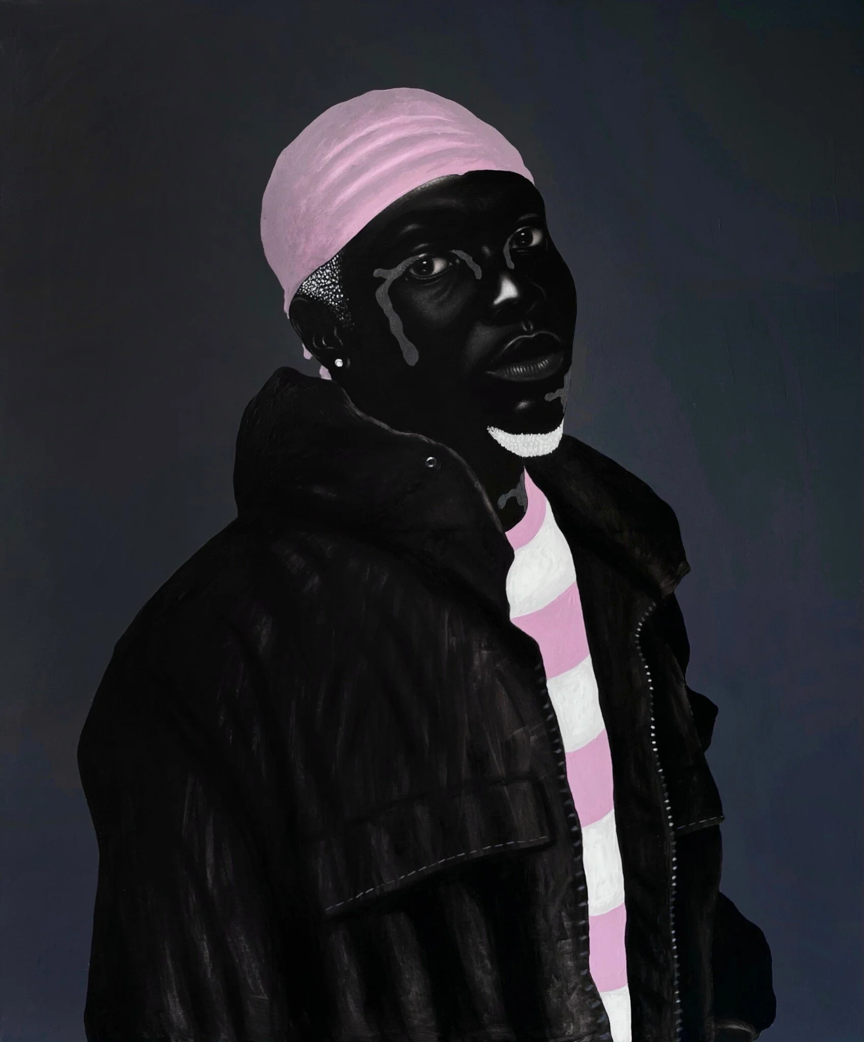 Johnson Eziefula, Black Boy with a Pink Durag, 2021, Acrylic & Charcoal on Canvas, 43 × 36 × 1 9/50 in