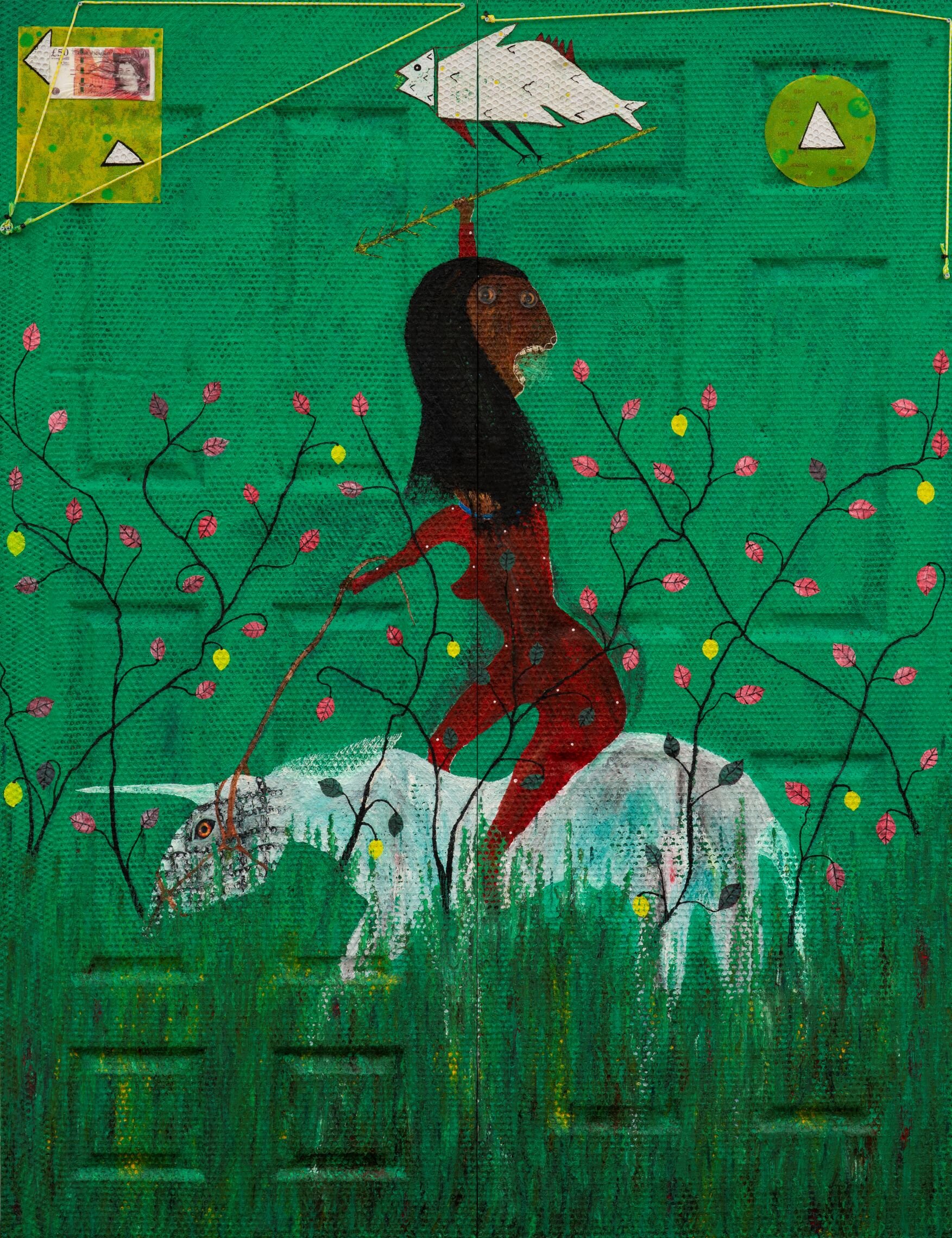 Adjani Okpu-Egbe, Fortitude (Diptych), 2020, Mixed media on wooden door panels, 200 x 152 x 4 cm.
