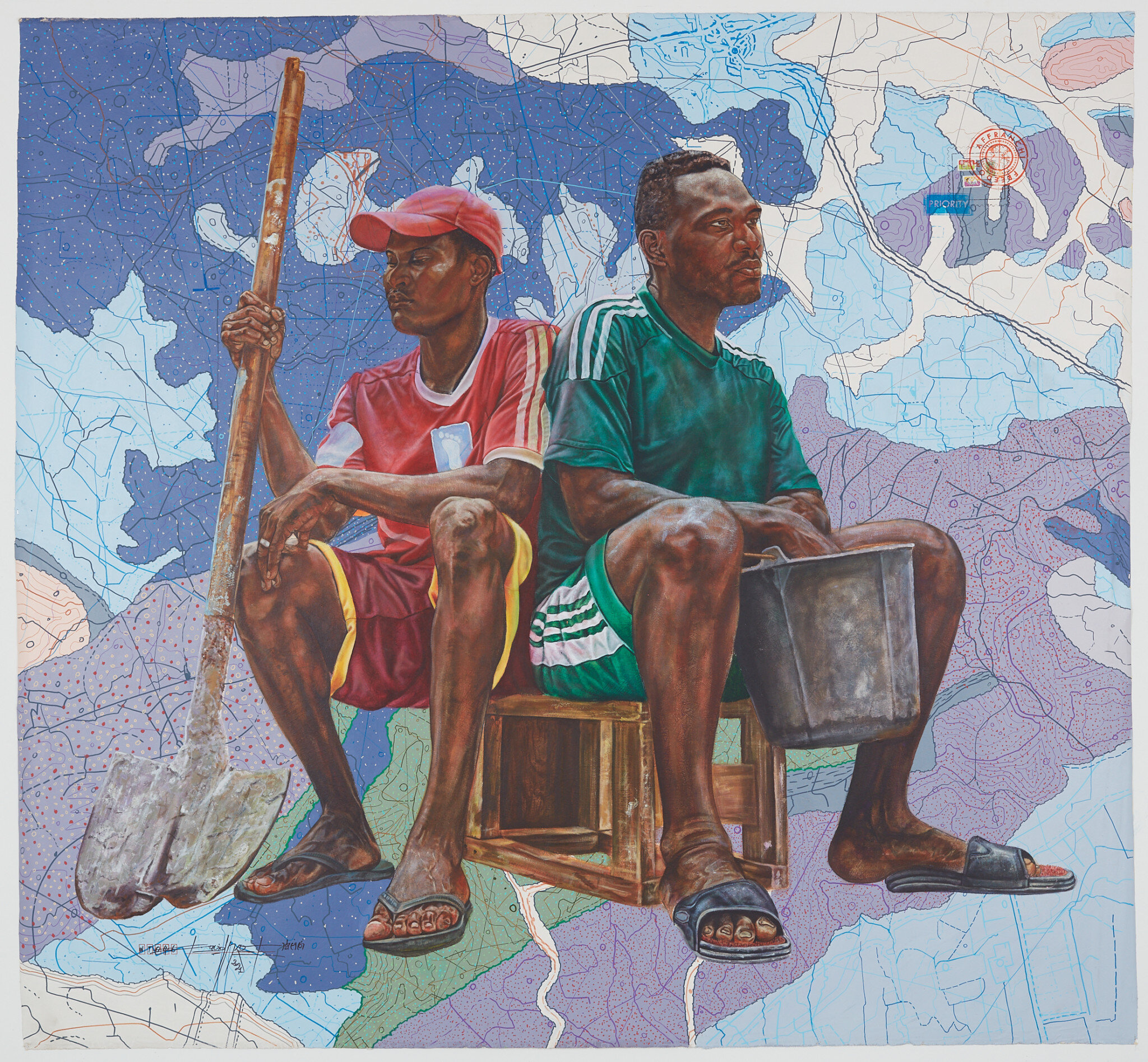 Jean David Nkot, Fronteur/Du Quat.org, 2021, Acrylic and Posca on canvas, 213 x 314 cm. 