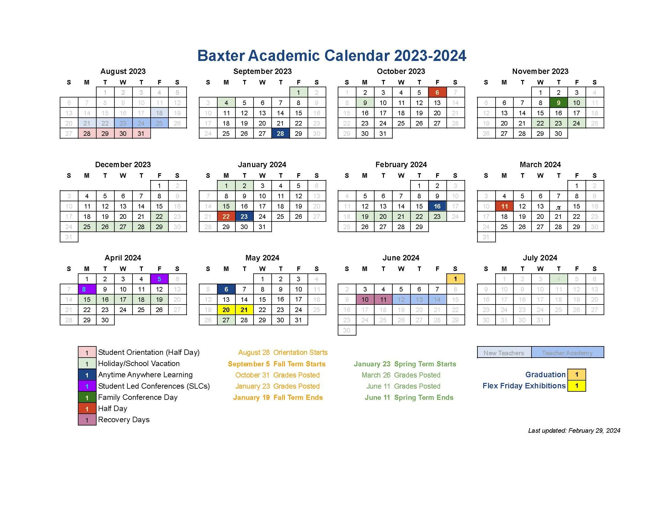 Academic Calendar — Baxter Academy for Technology and Science, Public