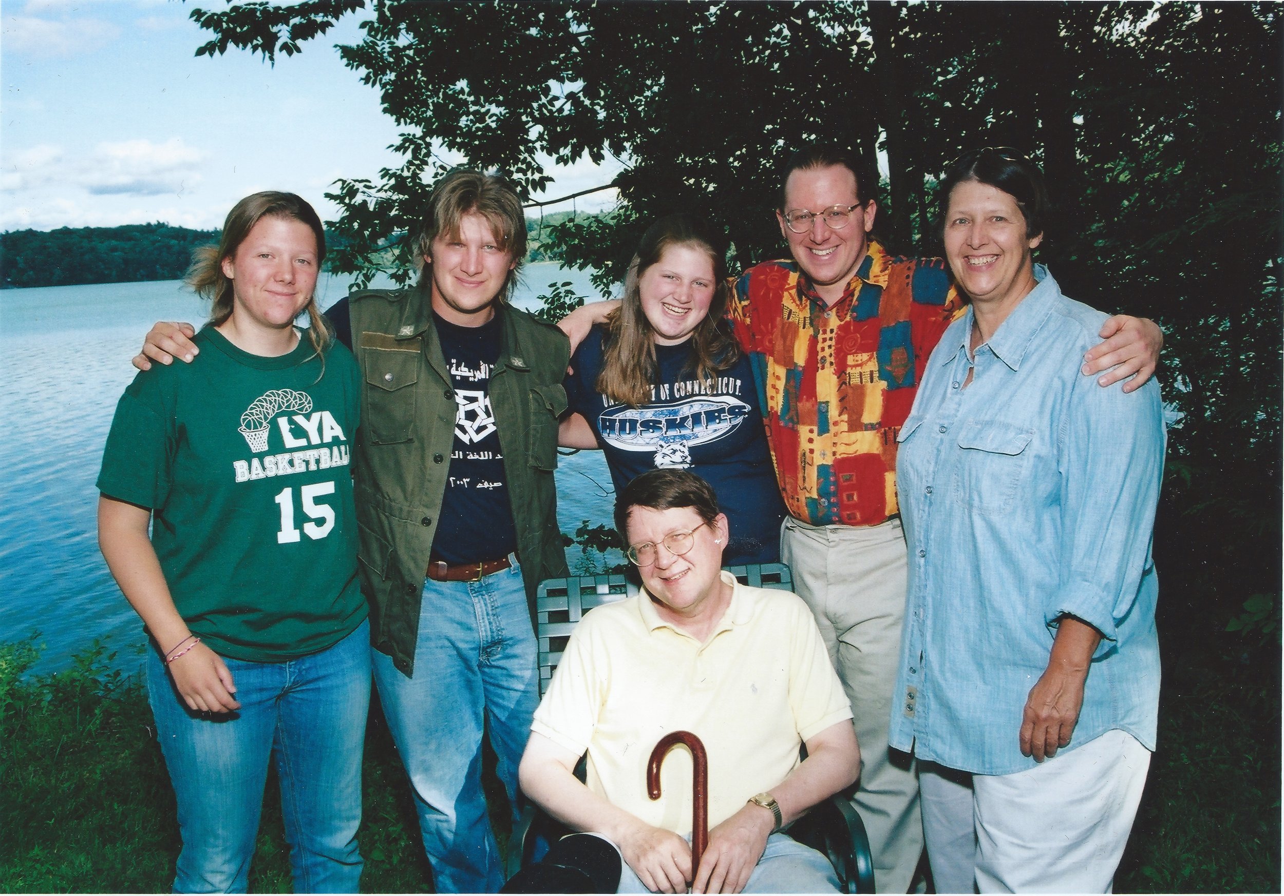 Family portrait in 2004 (Bill sits front and center; L to R, Margaret, Andrew, Linnea, Parke, and Melissa)