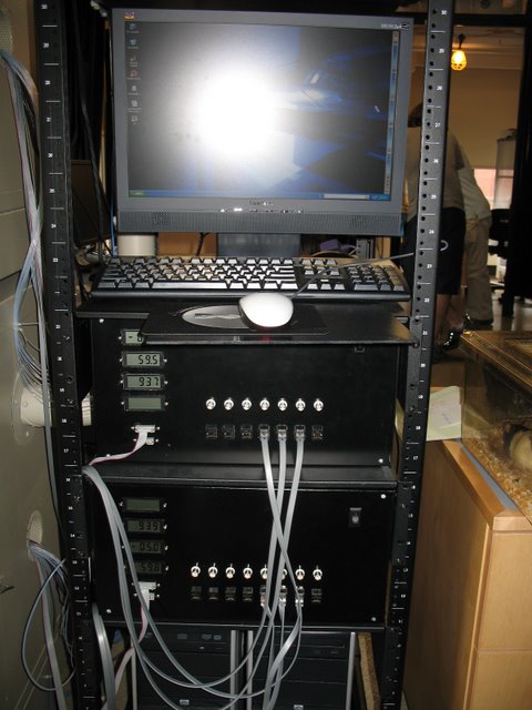 Uchida Lab: Two of many computer-controlled 16 channel olfactometers capable of producing precise mixtures of odors and variable concentrations. They are part of a larger system of hardware and software produce by the Neuroengineering facility designed to measure the behavior of rodents in a nose-poke olfactory discrimination task.