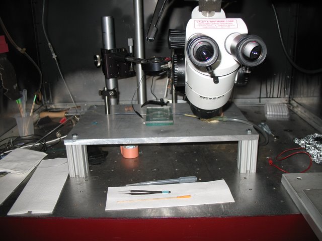  Dowling Lab: A simple rig used to record extracellularly from larval zebra fish retina. 