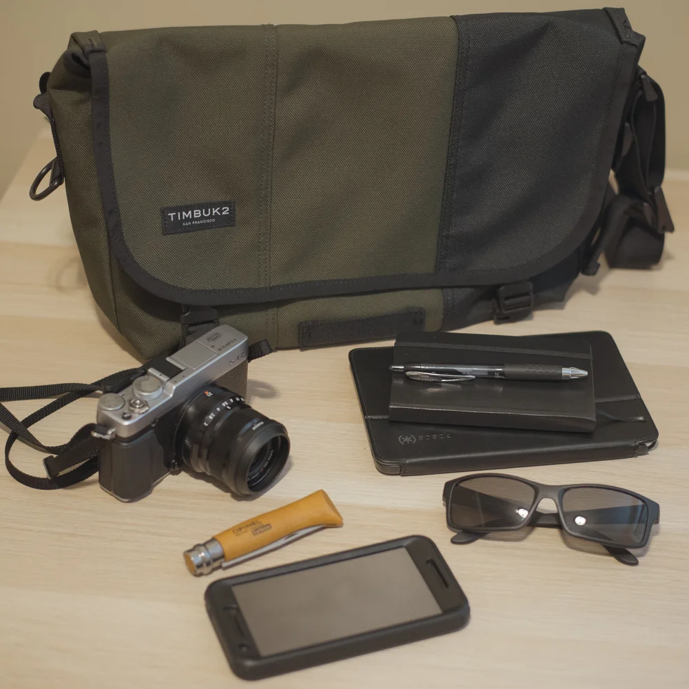 Some of my daily essentials, including the Fuji X-E2 and 23mm f2.