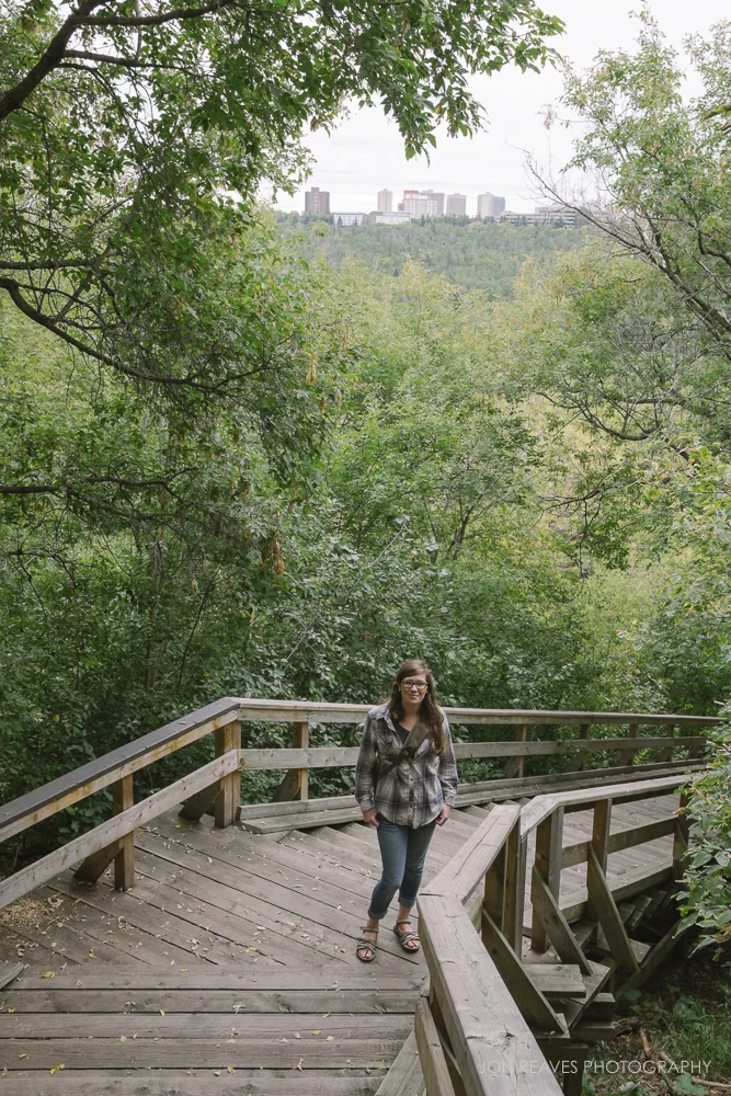 My wife on the Boardwalk to the River Valley Park System, Edmonton