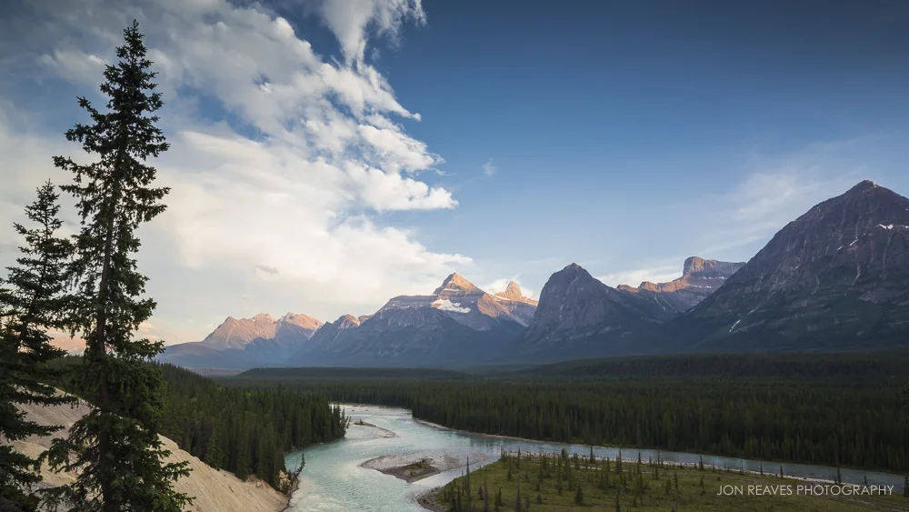 Athabasca River with Mount Christie and Brussels Peak on the Horizon, Jasper National Park (for more images of the Canadian Rockies, click here .)