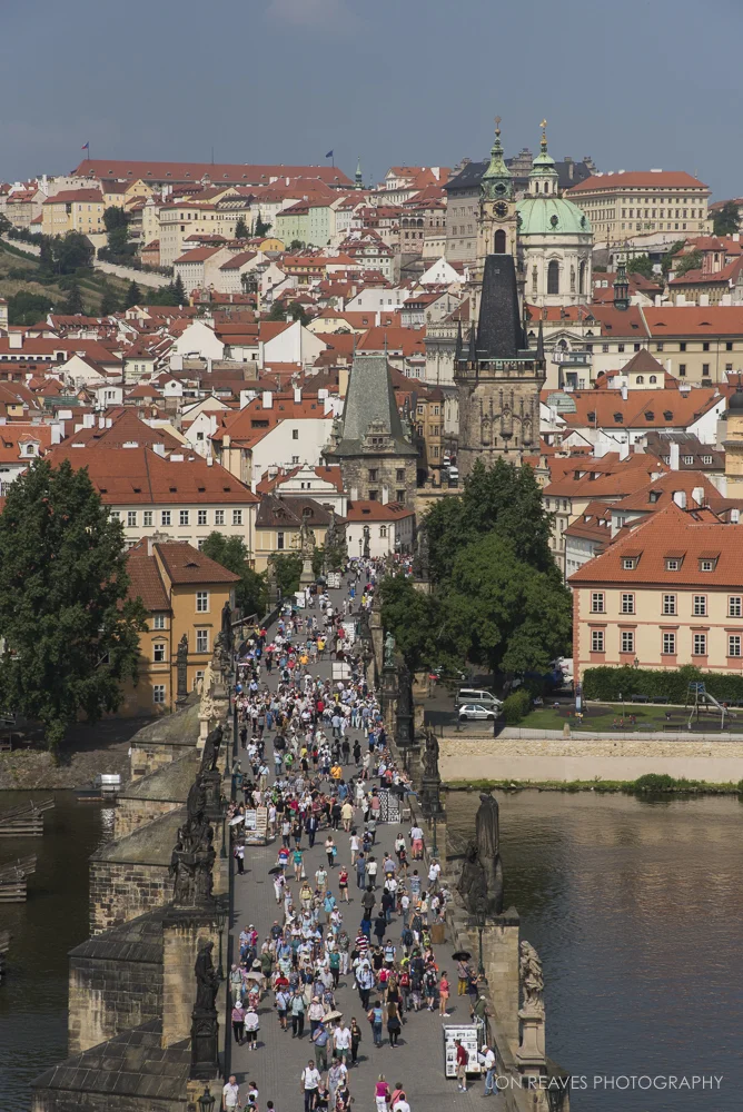 View of crowds on the Charles Bridge from the Old Town Bridge Tower, Prague, Czech Republic