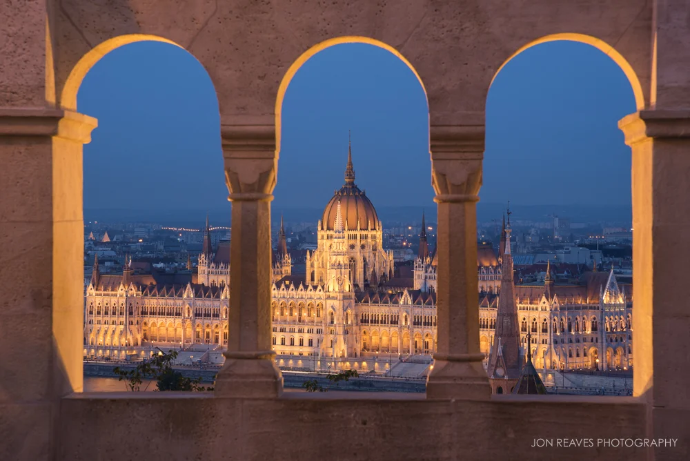 Hungarian Parliament at night from Fisherman's Bastion, Budapest, Hungary (Nikon D750, Nikkor 24-120 f4 VR, tripod, 120mm, f14, 3 sec, ISO 250).