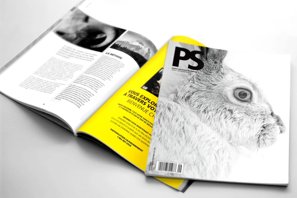 Photo Solution magazine (French) featuring my article "Embrace the Grain" and white-tailed jackrabbit image on the cover.