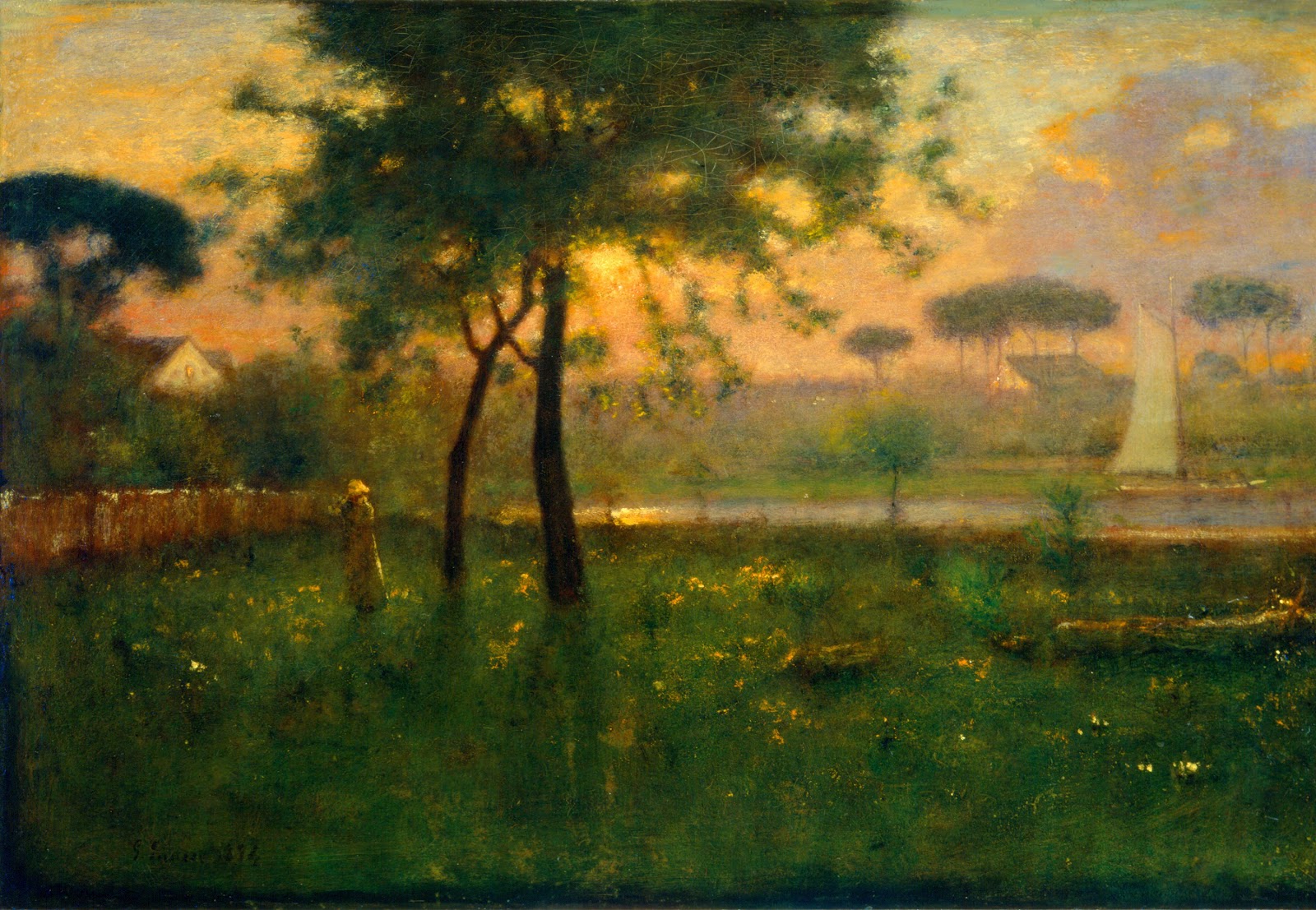 George Inness (1825-1894), Rosy Morning, 1894, Oil on canvas 30x45 inches, Gift of the Joseph H. Davenport, Jr. family in memory of Laura Voight and Joseph Howard Davenport, acc#1982.34