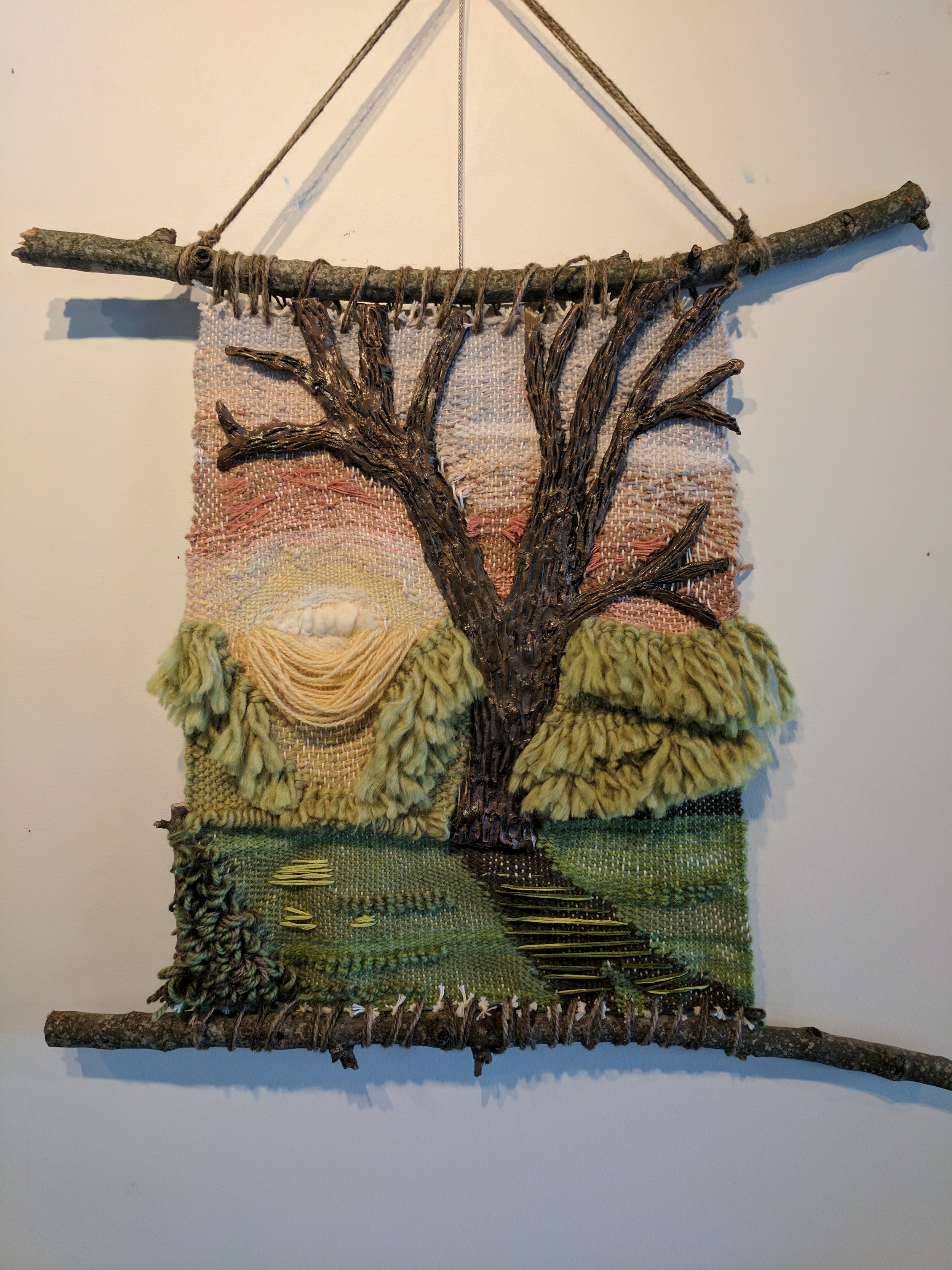 The Morning Tree Wool and mixed fibers, paper clay, branches, acrylic aproximately 13"x16"