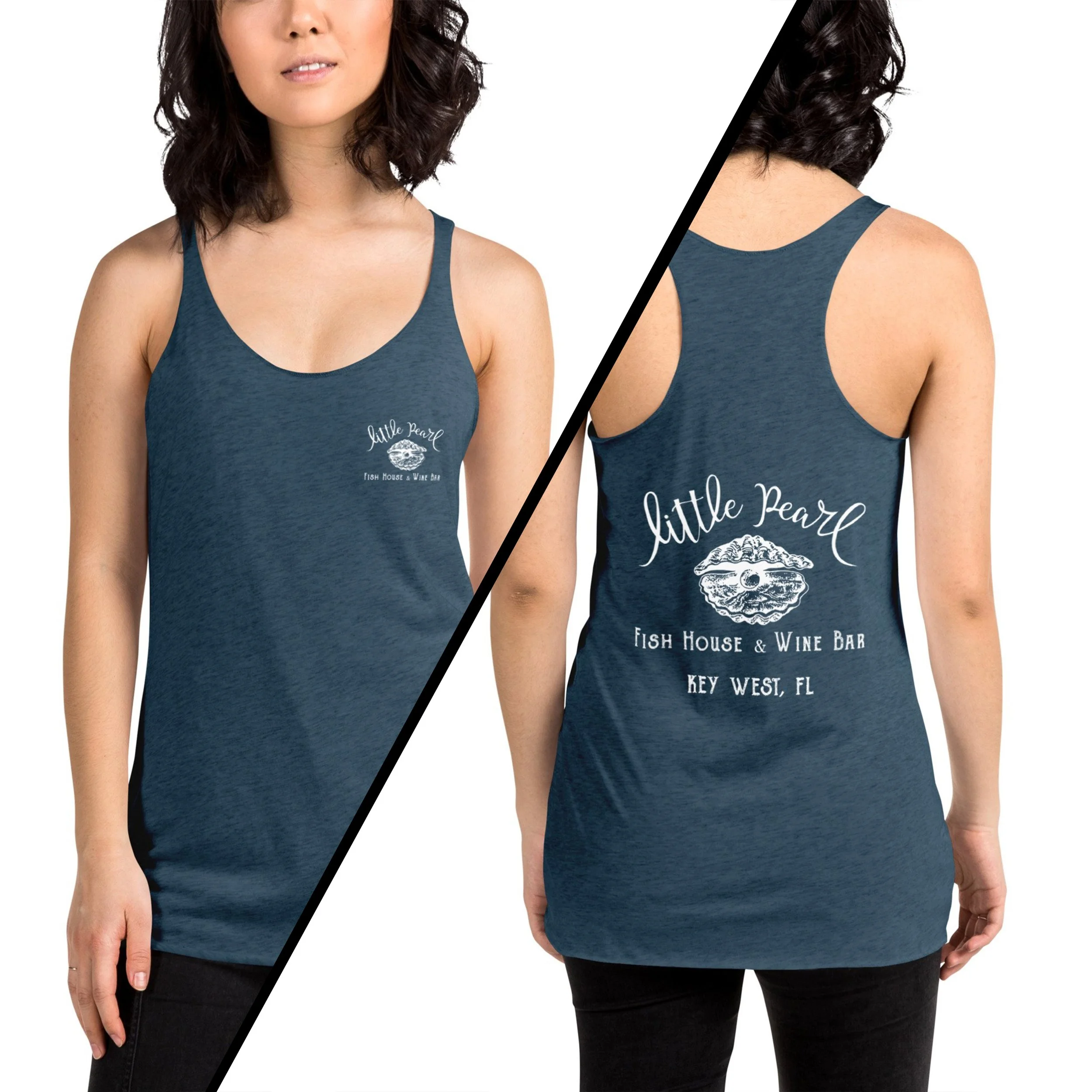 front and back view of little pearl racerback tank in indigo