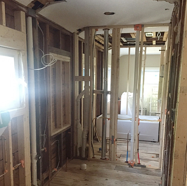 From that one tiny bathroom, we took out a closet and a linen closet to make a kid's bathroom and a master bath.
