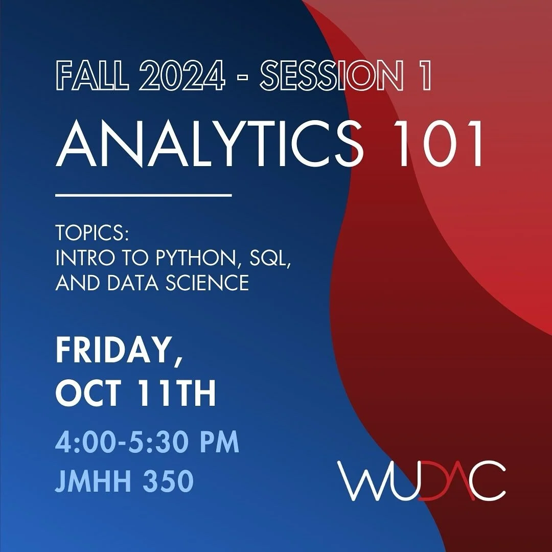 Our Analytics 101 series kick off this Friday from 4pm-5:30pm, in JMHH 350! Get excited for a great semester of learning and exploration :)