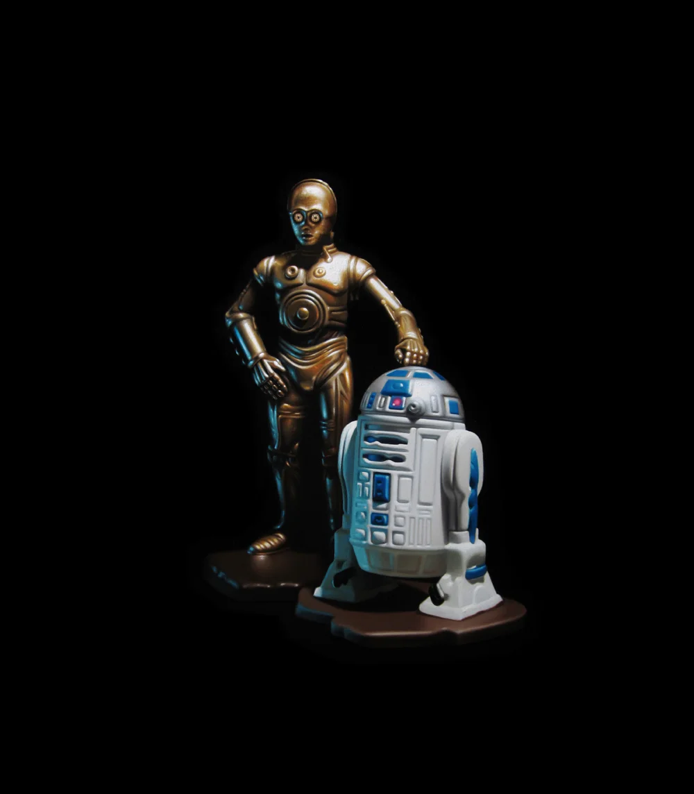R2D2 and C3PO. Oil on panel.