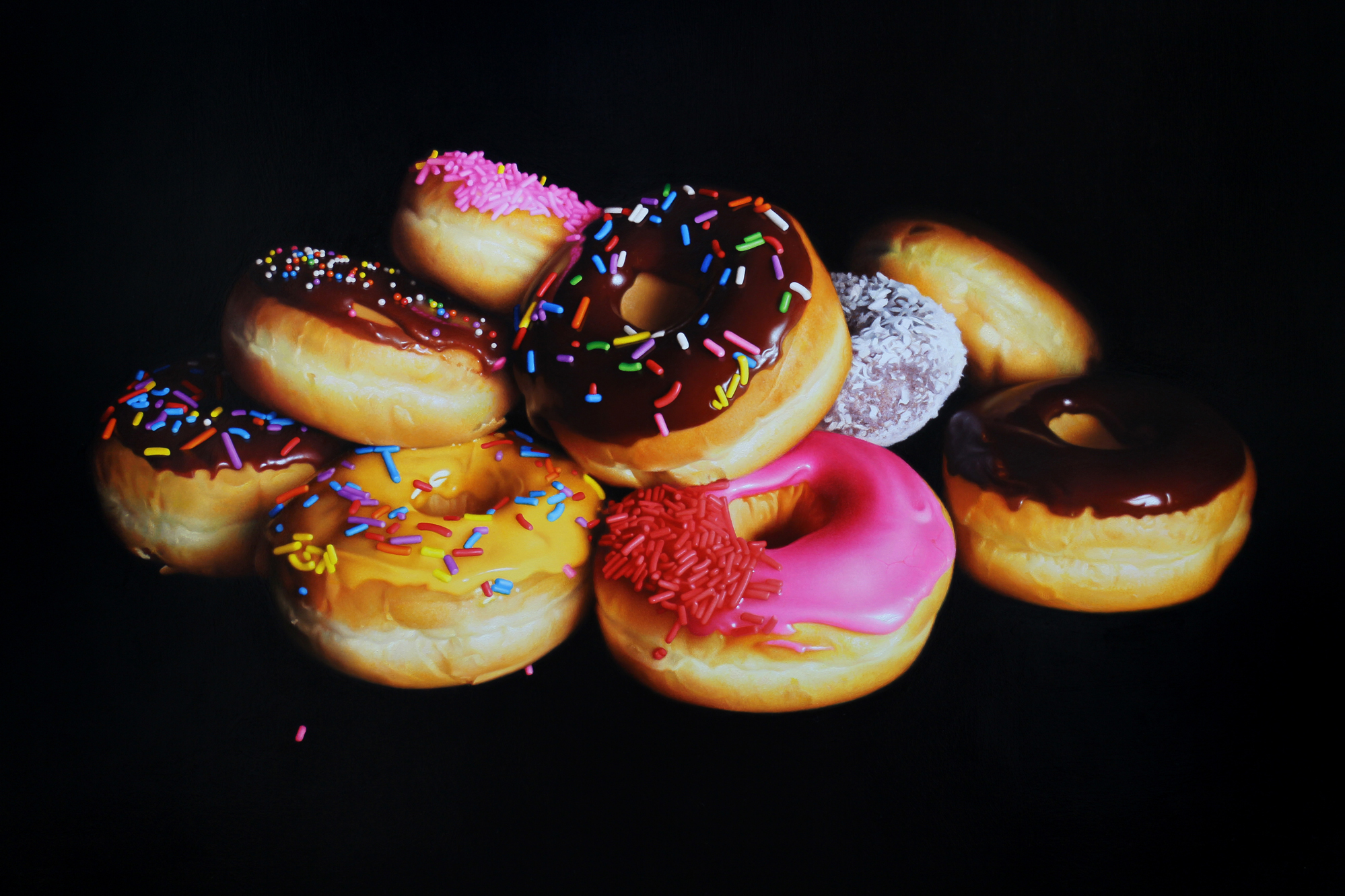  Donut Pile.&nbsp;Oil on panel. 