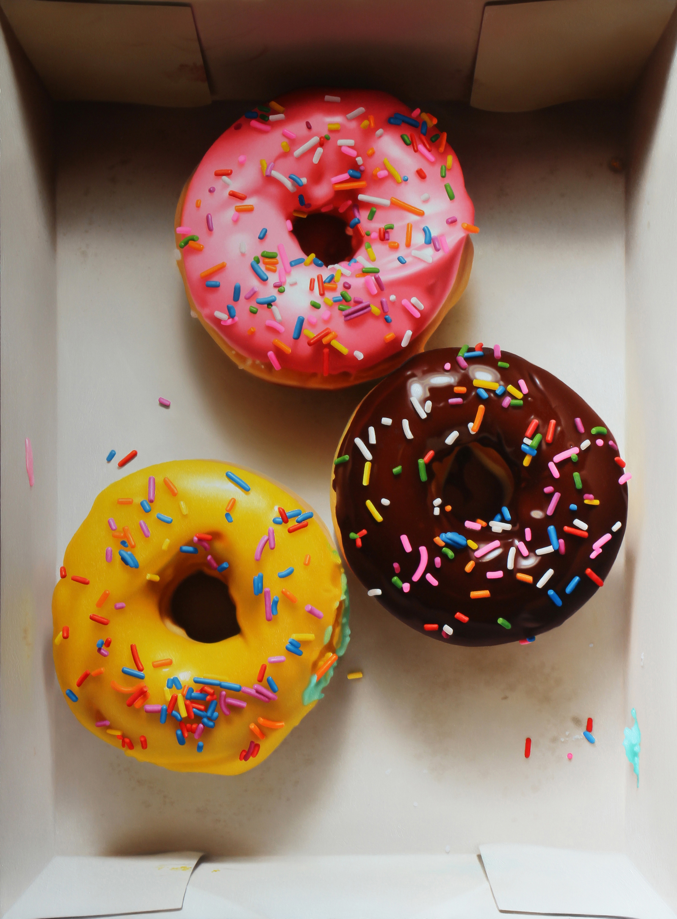  3 Donut Box.&nbsp;Oil on panel. 