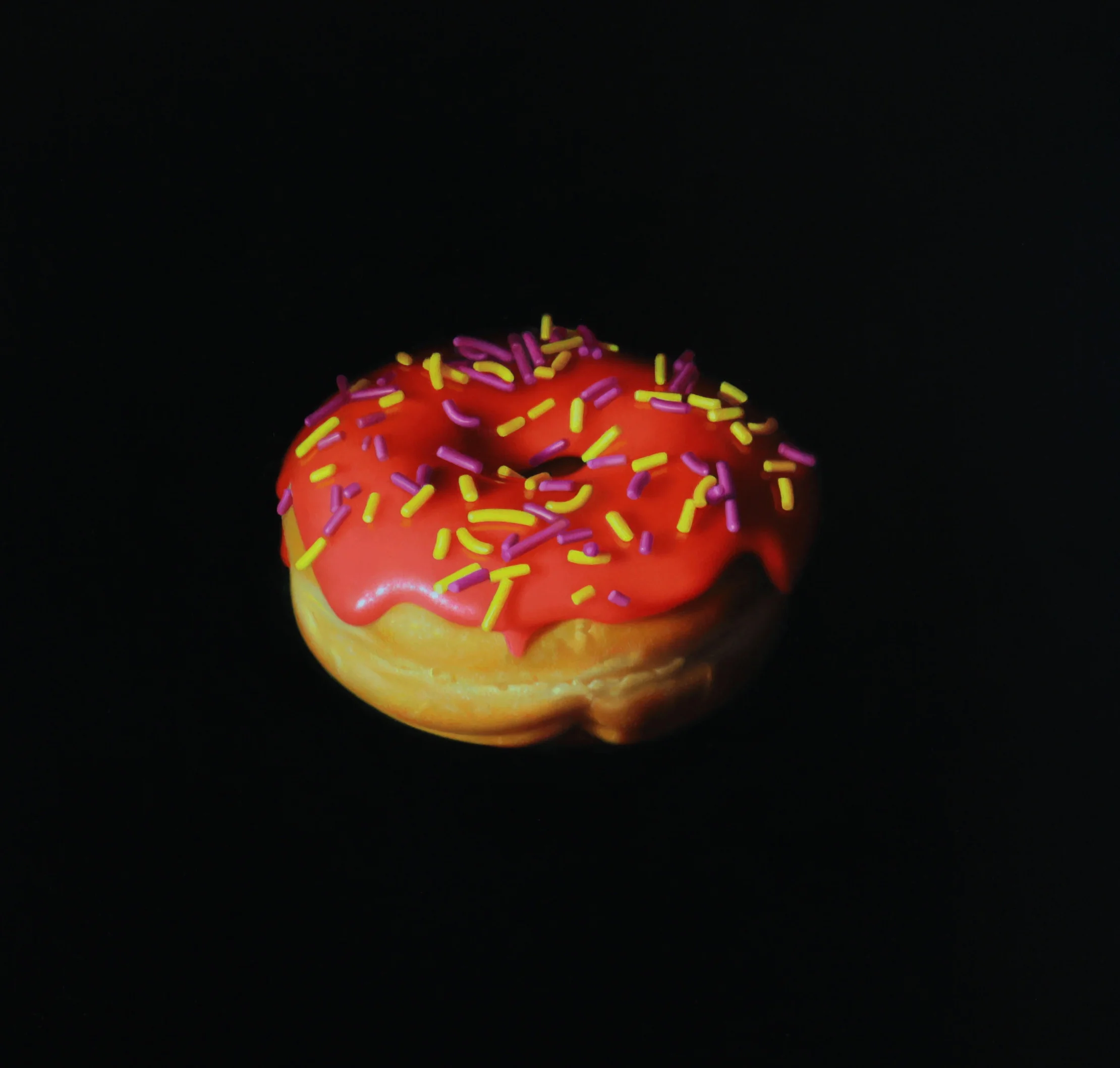 Red Sprinkle Donut. Oil on panel.
