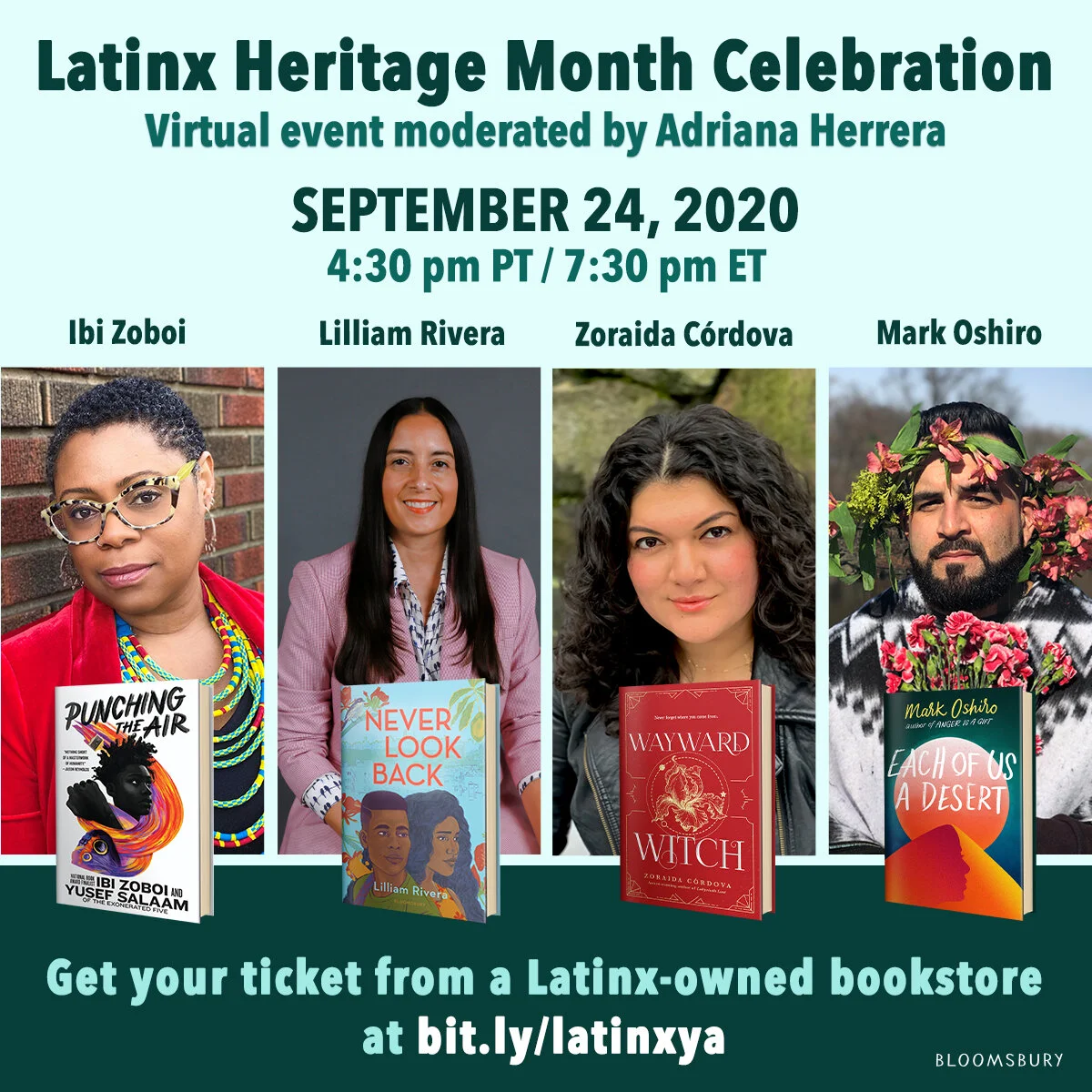 Bloomsbury YA Latinx Heritage Month Panel featuring Lilliam Rivera, Zoraida Córdova, Mark Oshiro, and Ibi Zoboi