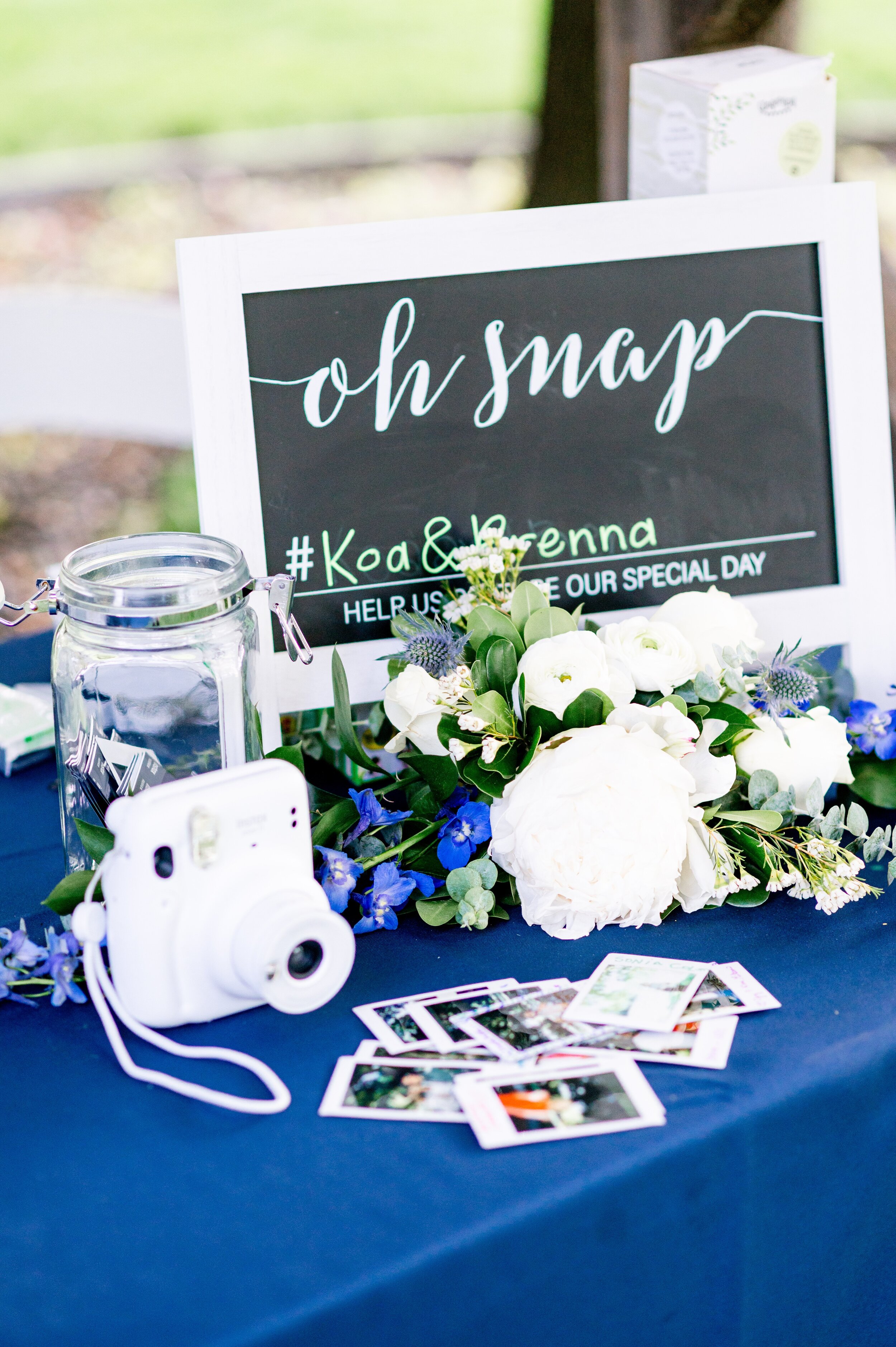 Blue and White Wedding Centerpieces - Tri Cities Pasco Washington Promise Gardens Wedding Photographer - Harper Road Floral - Wedding Decor Welcome Table Polaroid Sign In Inspo