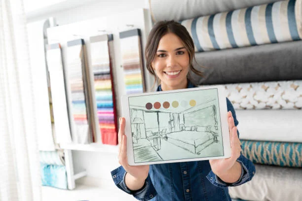 Portrait of a happy interior designer at a textile shop showing a sketch on a tablet computer and looking at the camera smiling. **DESIGN ON SCREEN WAS MADE FROM SCRATCH BY US**