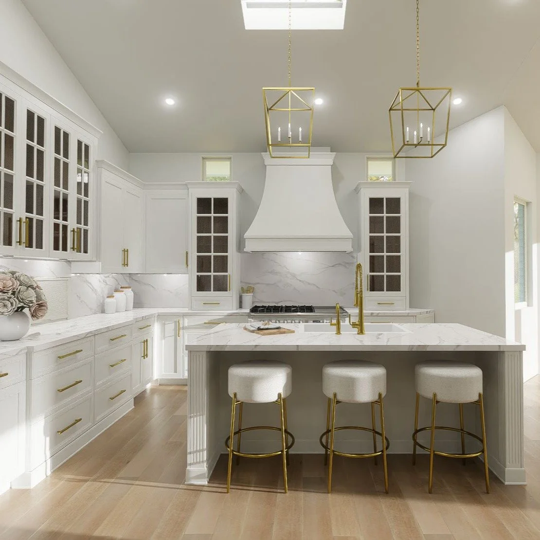 Render: Showcasing this bright, white, beautiful kitchen design done by talented designer Lance Stratton. This elegant kitchen blends classic craftsmanship with modern refinement-crisp white cabinetry, warm gold accents, and marble details that are t