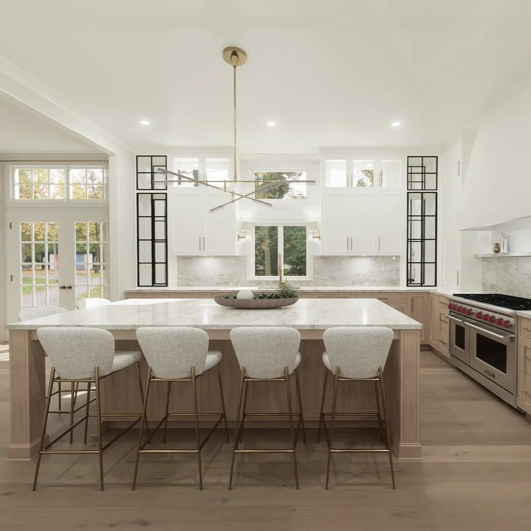 Design Credit: Jillian Richey Design.
This rendering features a beautiful kitchen designed by the talented Jillian Richey. A blend of warm natural wood, soft Taj Mahal quartzite, and crisp white upper cabinets for a stunning result.
Modeled &amp; Ren