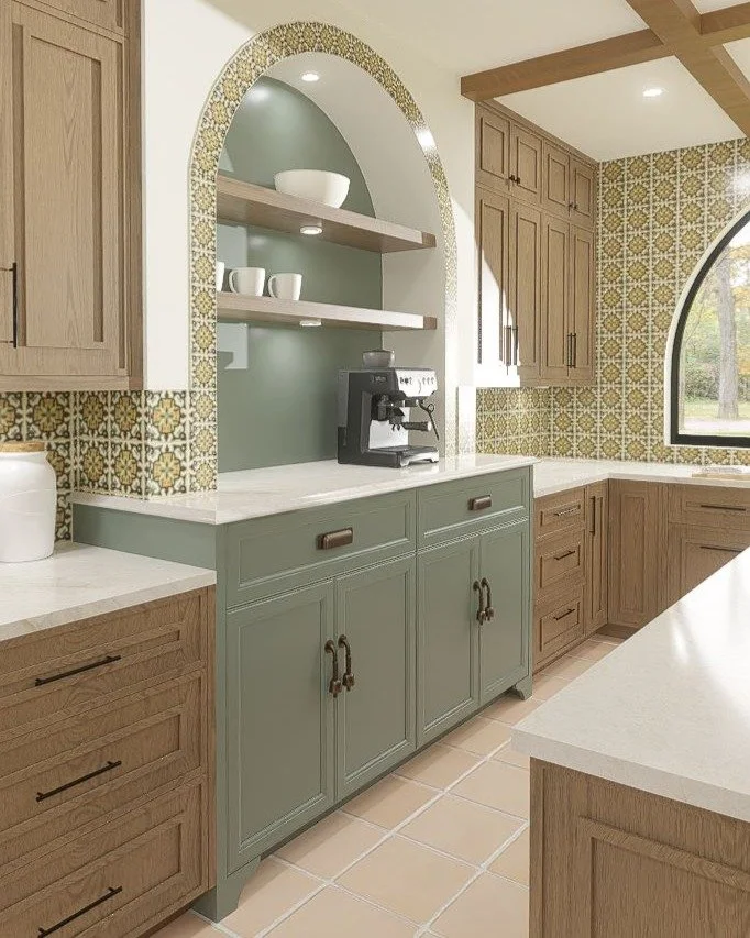 Design Credit: Kathleen Ann Design
3D Modeled &amp; Rendered by Joselyn Rendon

This beautiful design by Kathy, features a cute coffee station in a gorgeous green, warm-wood cabinetry, hand-made Spanish tiles and graceful arched details. This project