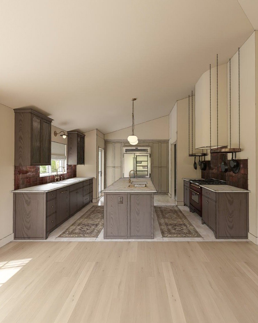 3D Model &amp; Render by: Joselyn Rendon. Design Credit: Hearth Homes Interiors.

Had fun rendering this project for Hearth Homes Interiors. This kitchen featured vaulted ceilings, a moody maroon zellige tile backsplash, and reeded glass cabinet door